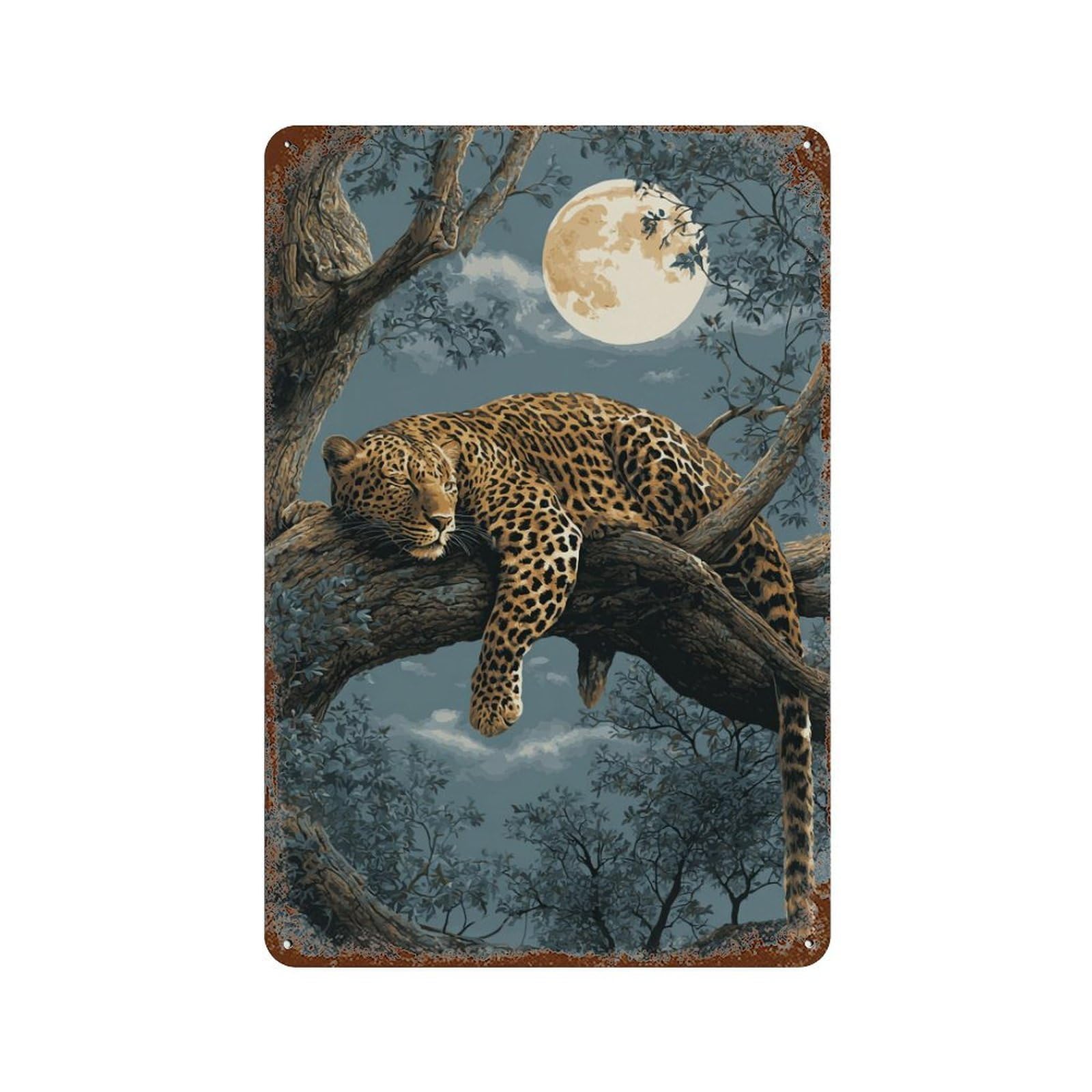 Rusty Metal Tin Sign Moonlit Leopard Resting 11.8"x7.9", Vintage Wall Decor for Shed, Workshop And Garage Wall Decor
