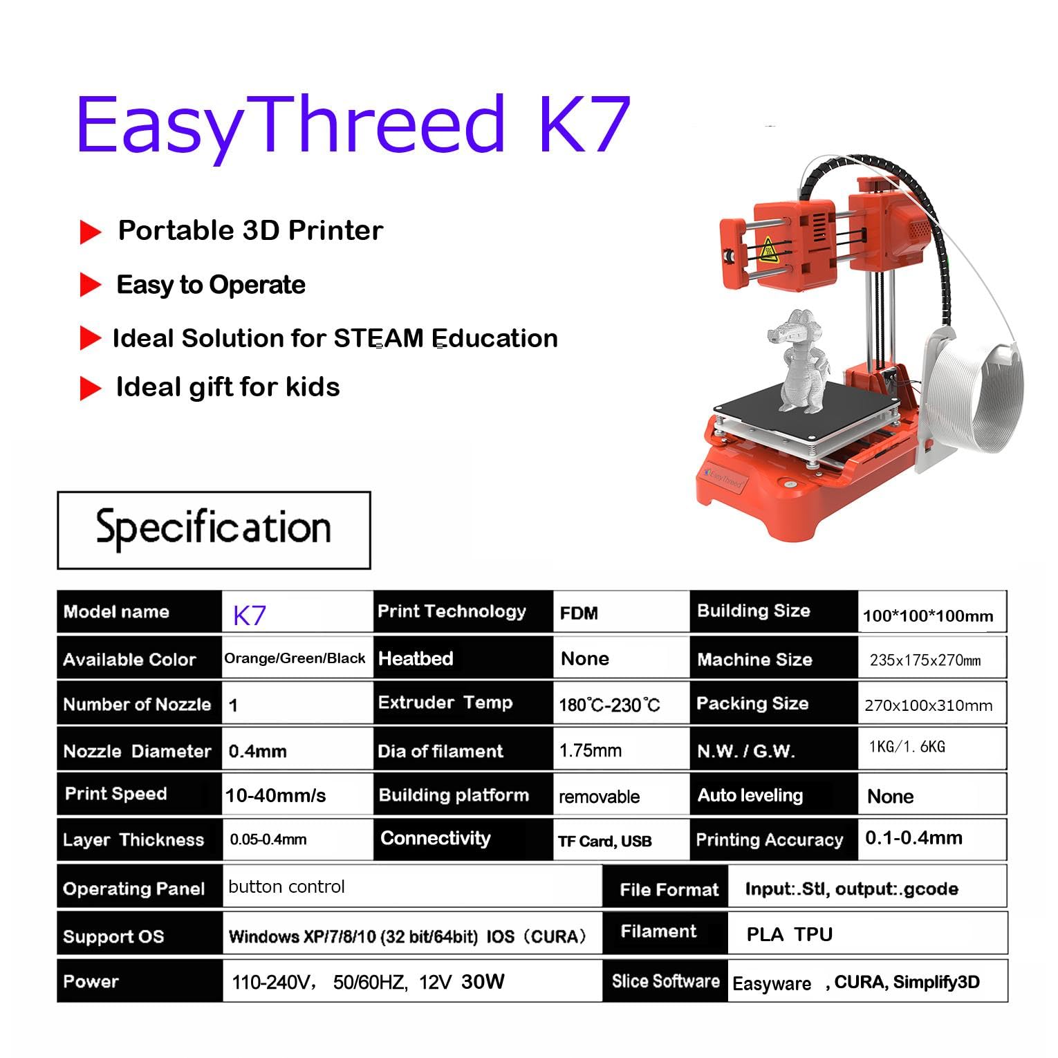 Mini drukarka 3D dla dzieci, K7, biurkowa, mini drukarka 3D, z większym formatem druku, 100 x 100 x 100 mm, dla dzieci, na prezent, dla studentów, edukacji, prezent