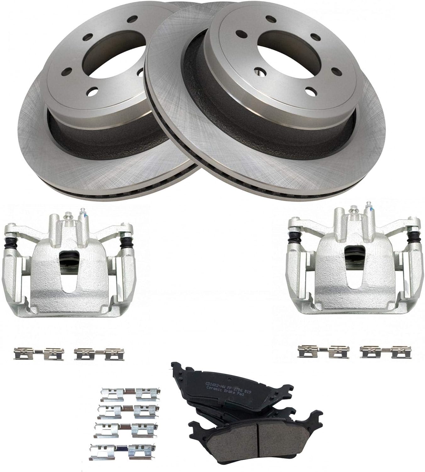 TRQ Rear Brake Pad & Rotor Kit Brake Caliper Brake Pads Brake Rotor Ceramic Compatible with 2012-2016 Ford F-150
