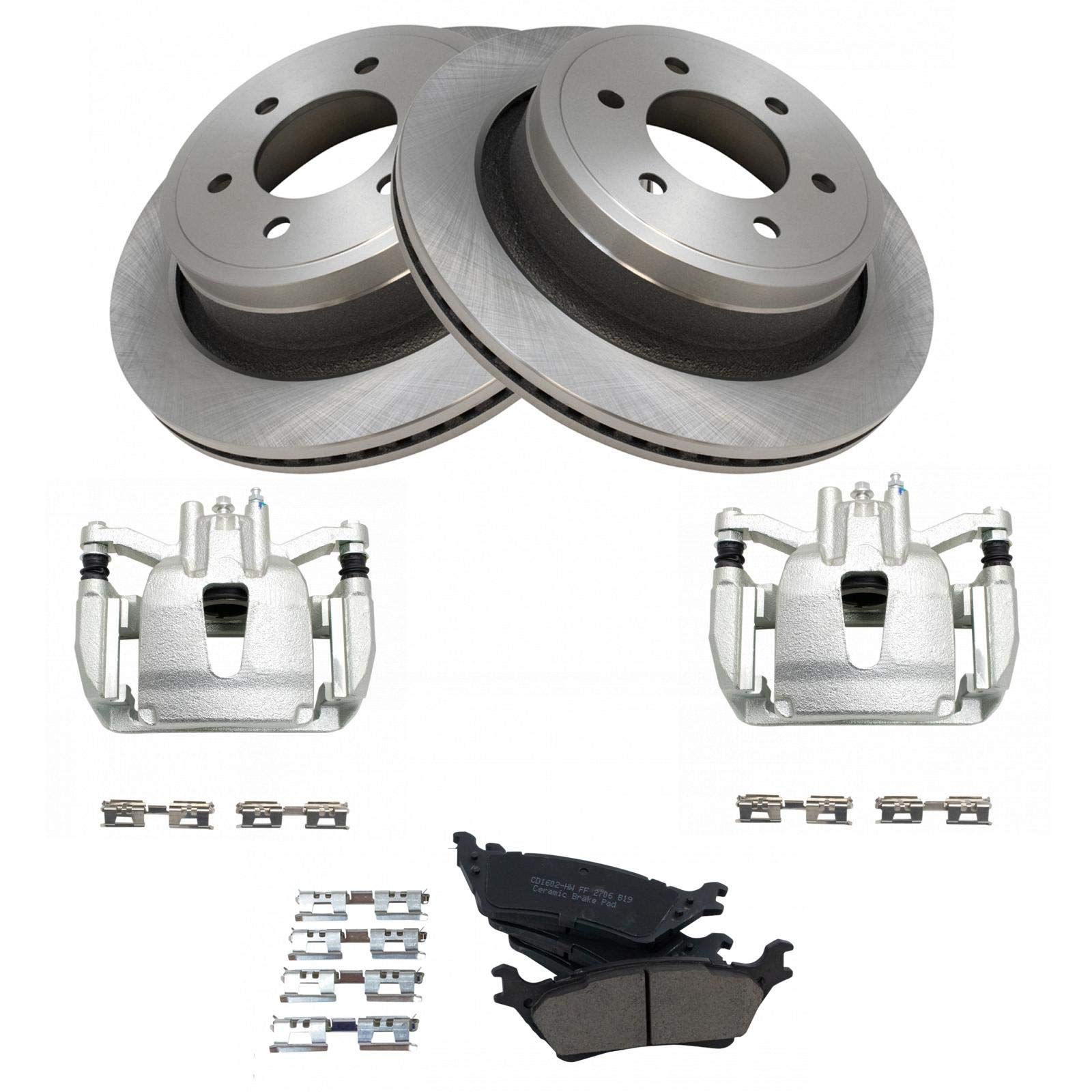 TRQ Rear Brake Pad, Caliper, &amp; Rotor Kit Ceramic Compatible with 2012-2016 Ford F-150