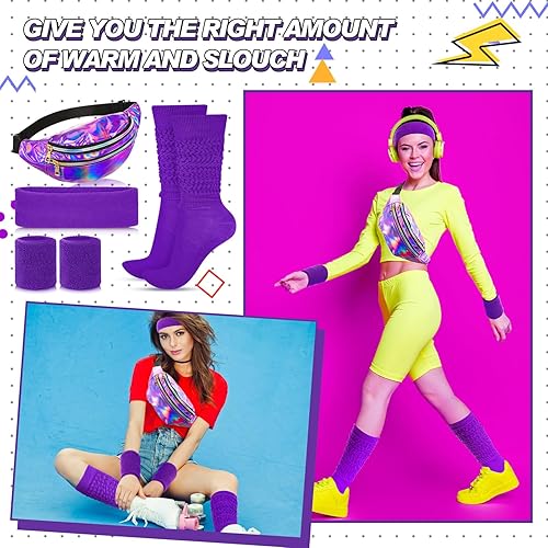 Miniatura 7 de Tarpop Juego de 4 muñequeras de neón Tarpop 80s con banda para el sudor y muñequera de neón para mujer, para fiesta