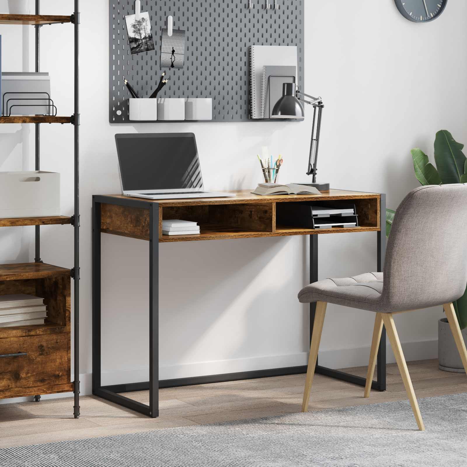Scrivania in legno fumé, 100 x 50 x 75 cm, con gambe in acciaio, per ufficio, computer, laptop, postazione di lavoro, ergonomica, salvaspazio, per studio e camera dei ragazzi