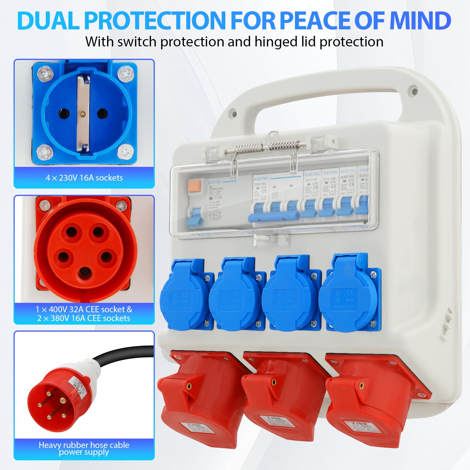 Distributore di corrente CEE 400V 32A, 4 uscite 230V, 2 circuiti 16A, 1 circuito 32A, protezione FI, distributore di potenza IP54, per cantieri edili