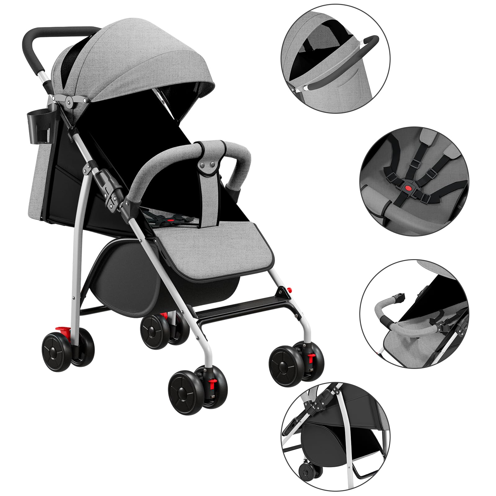OHMG Buggy Kinderwagen ab 6 Monate bis 4 Jahre,stroller,Baby Sportwagen,Leichtes Kinderwagen-Buggy,PU-Räder,5-Punkt-Gurt,Faltbar,Moskitonetz,Getränkehalter,bis 22 kg (C-Grau)