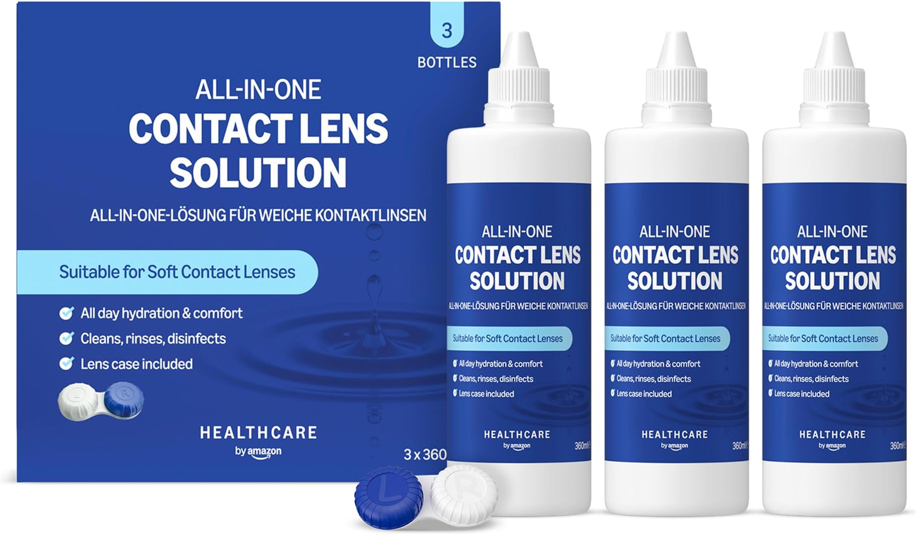 Healthcare by Amazon All-In-One Solution for Soft Contact Lenses, 3 x 360ml, (Previously Amazon Basic Care – Packaging May Vary)