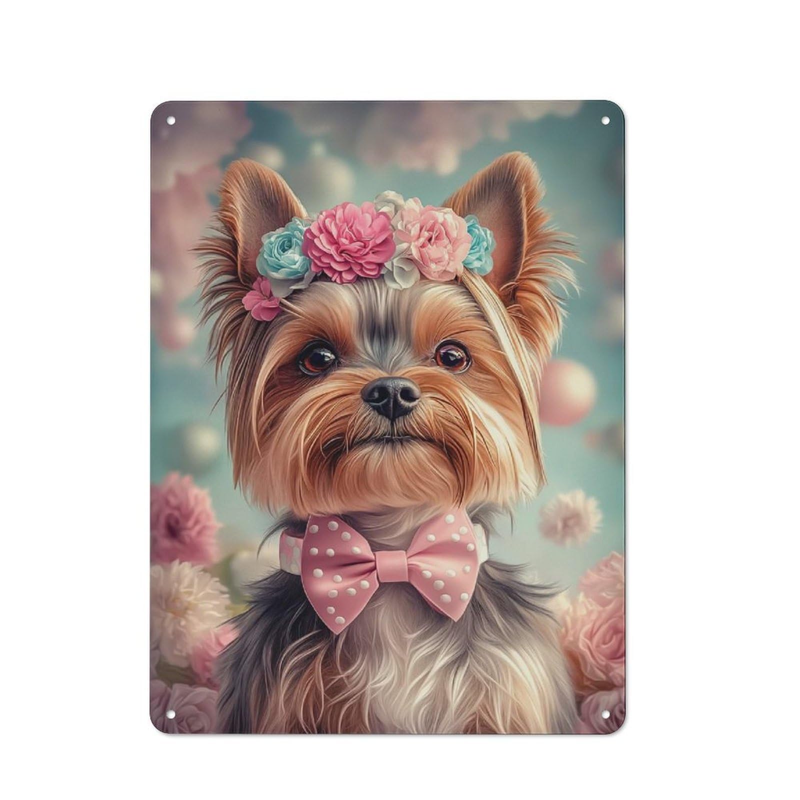 Junmoney Style-17 Yorkshire Terrier With Flower Crown Rustic Tin Sign 40X30cm, Vintage Porch Wall Decor For Conservatory, Home Bar Or Utility Room