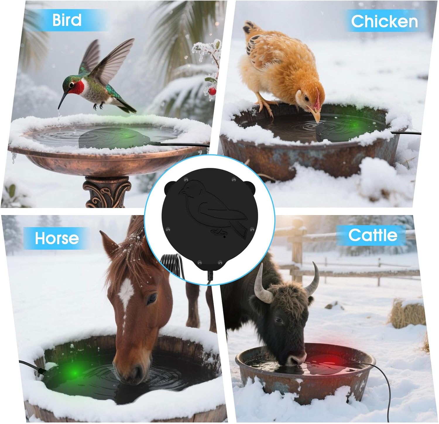 Bird Bath Heater, Upgraded 100W De-Icer Submersible Bird Bath Heaters for Outdoors in Winter, Chicken Water Heater for Winter, Thermostatic Control w/LED Indicator, 5.9 Ft Cord (Black-2Pack)