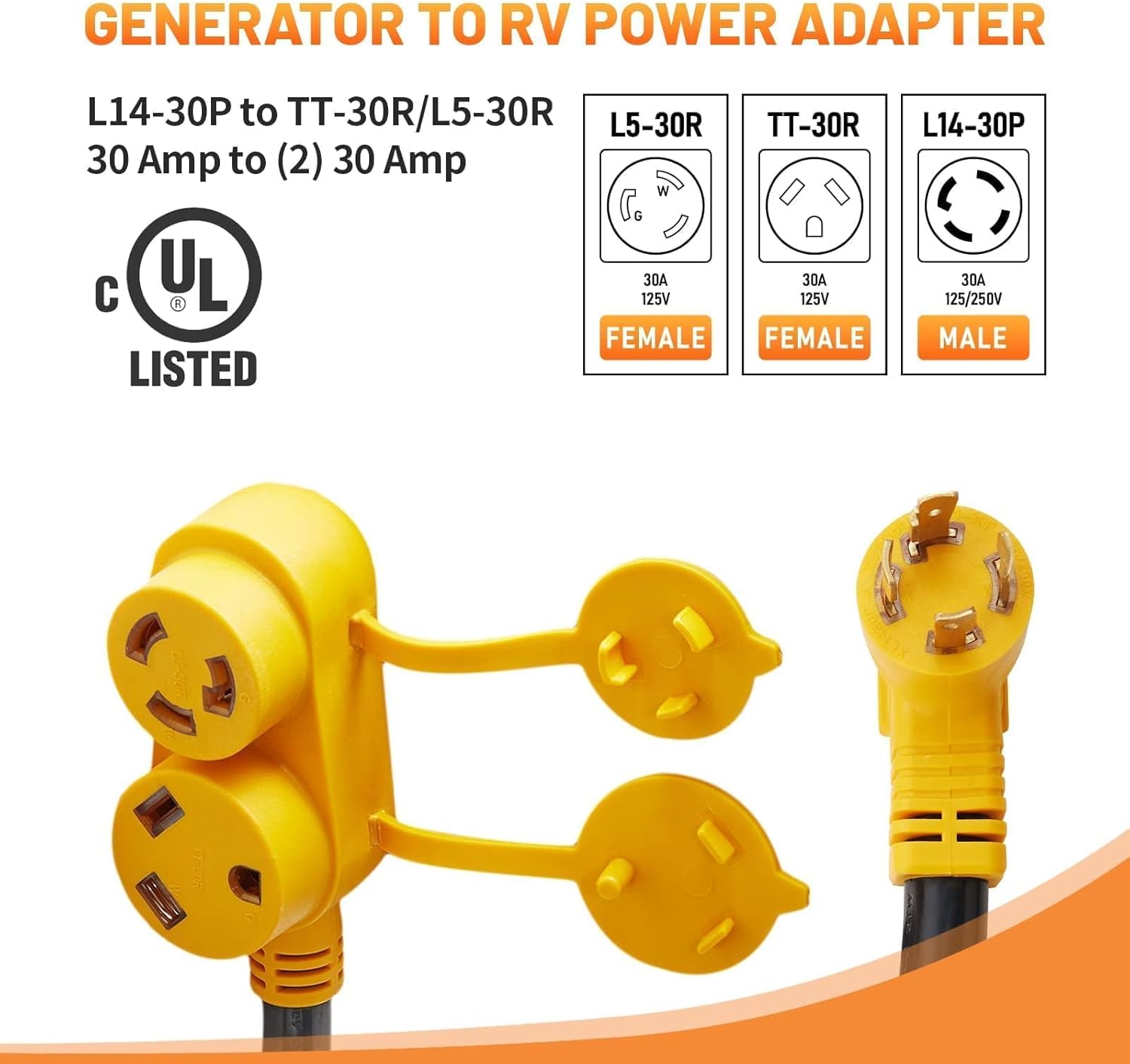 MECMO 30 Amp RV Generator Power Adapter Cord - NEMA L14-30P Male to Dual TT-30R & L5-30R Female Outlets, 4 Prong Twist Lock 30A 125/250V to Two 30A 125V Splitter for Travel Trailer Camper, ETL Listed