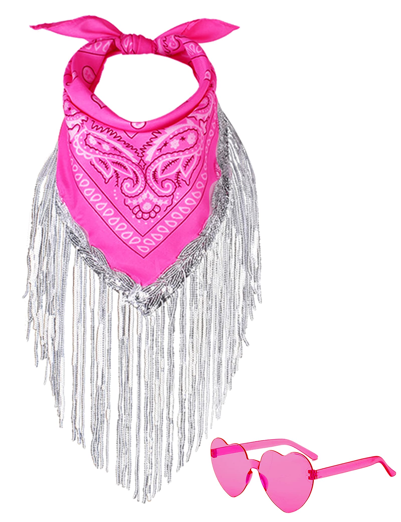 JIANGLAI Fringe Bandana with Heart Sunglasses, Rhinestone Bandana Disco Cowgirl Decorations Outfit for Women Bachelorette Party (Hot Pink)