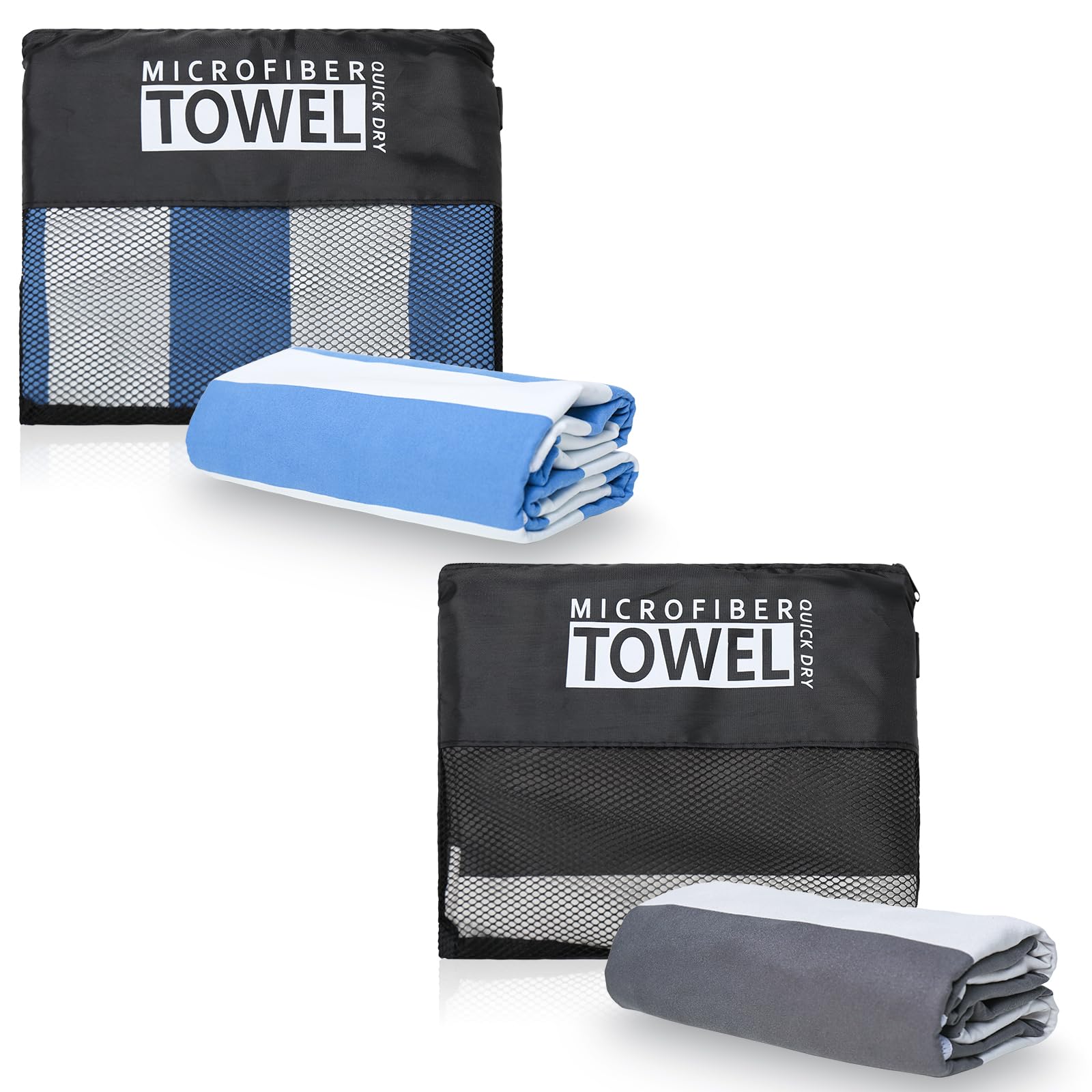 TMEOG Microfibre Beach Towels 2 Pack 180x80cm Extra Large Sand Free Beach Towel for Adults Compact Thin Travel Towel Women Men Lightweight Swim Pool Yoga Towel with Bag(Blue and Grey Stripe) - Image 2