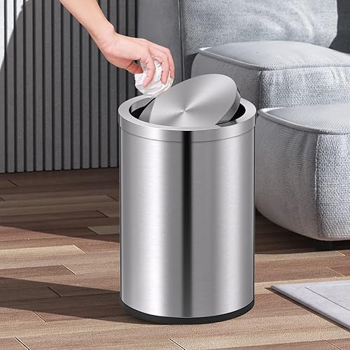 Miniatura 9 de Mbillion Bote de basura pequeño con tapa oscilante de 2.4 galones9 litros, mini bote de basura con tapa, cubo de basura cilíndrico de acero