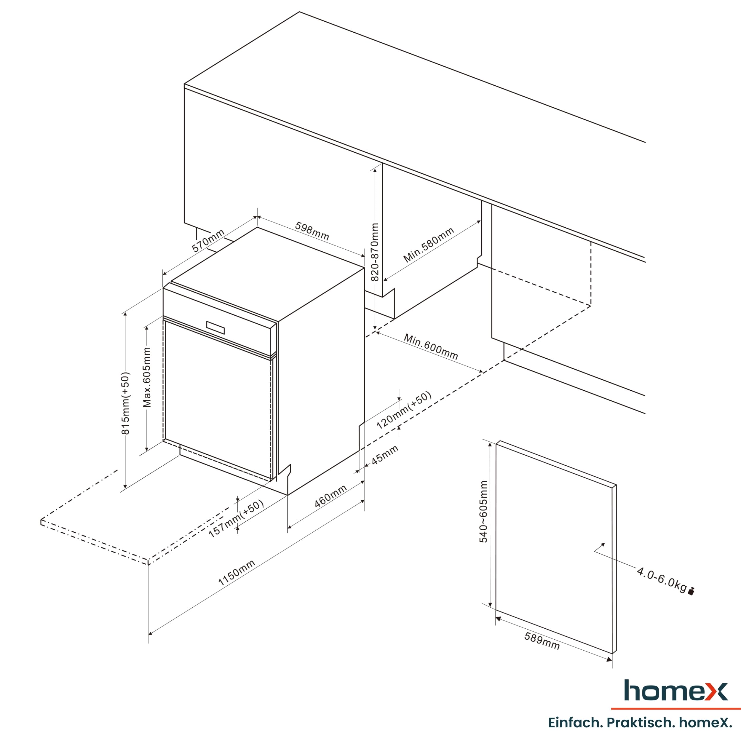 homeX Geschirrspüler 60 cm teilintegrierbar 14 Maßgedecke 7 Programme AquaStop 44 dB DWSI601444C