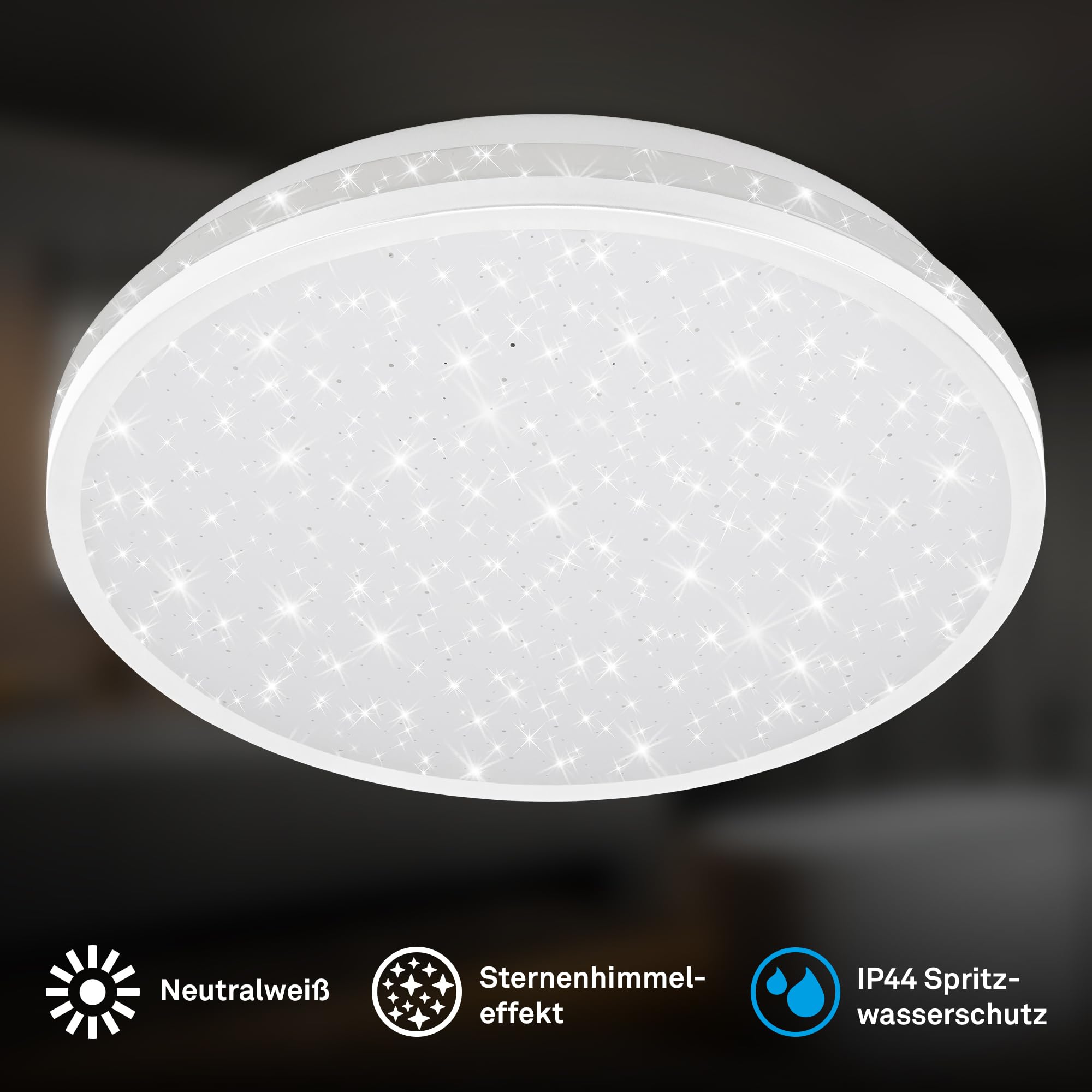 BRILONER - Plafón LED con efecto cielo estrellado, luz blanco neutro, IP44 protección contra salpicaduras, lámpara de techo baño, luminaria para espacios húmedos, aseo, 28x7 cm, Blanco