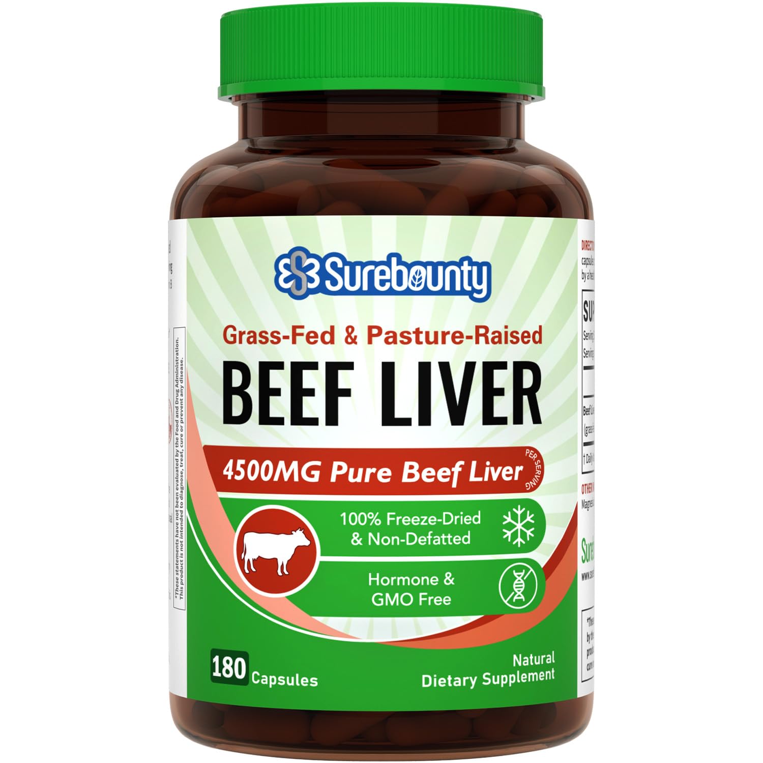 Grass-Fed & Pasture-Raised Beef Liver, 4500 mg, No Hormone, Energy Production, Full Body Wellness, Non-GMO, Non-Defatted, Freeze-Dried Liver Health Supplement, 180 Caps