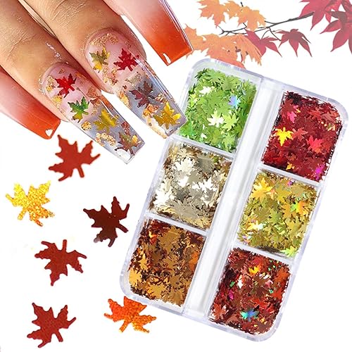 6 Grids 3D Maple Leaf Glitter Nail Sequins Red Gold