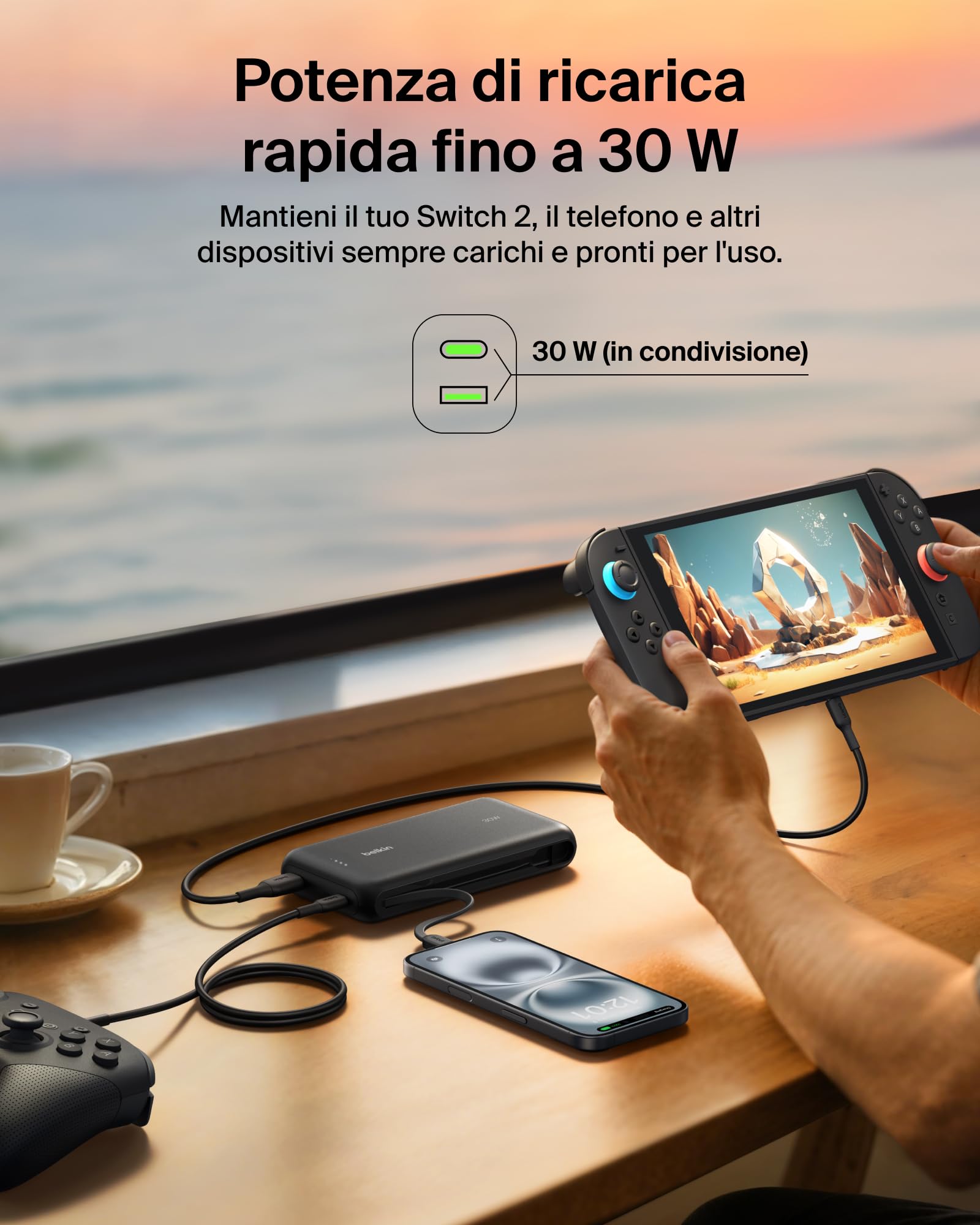 Belkin Gaming Power bank 20000 mAh 30W con cavo USB-C integrato, ricarica rapida USB-C PD, caricabatteria portatile per Nintendo Switch 2, iPhone 16, iPad Pro, Galaxy S25 e altri, nero
