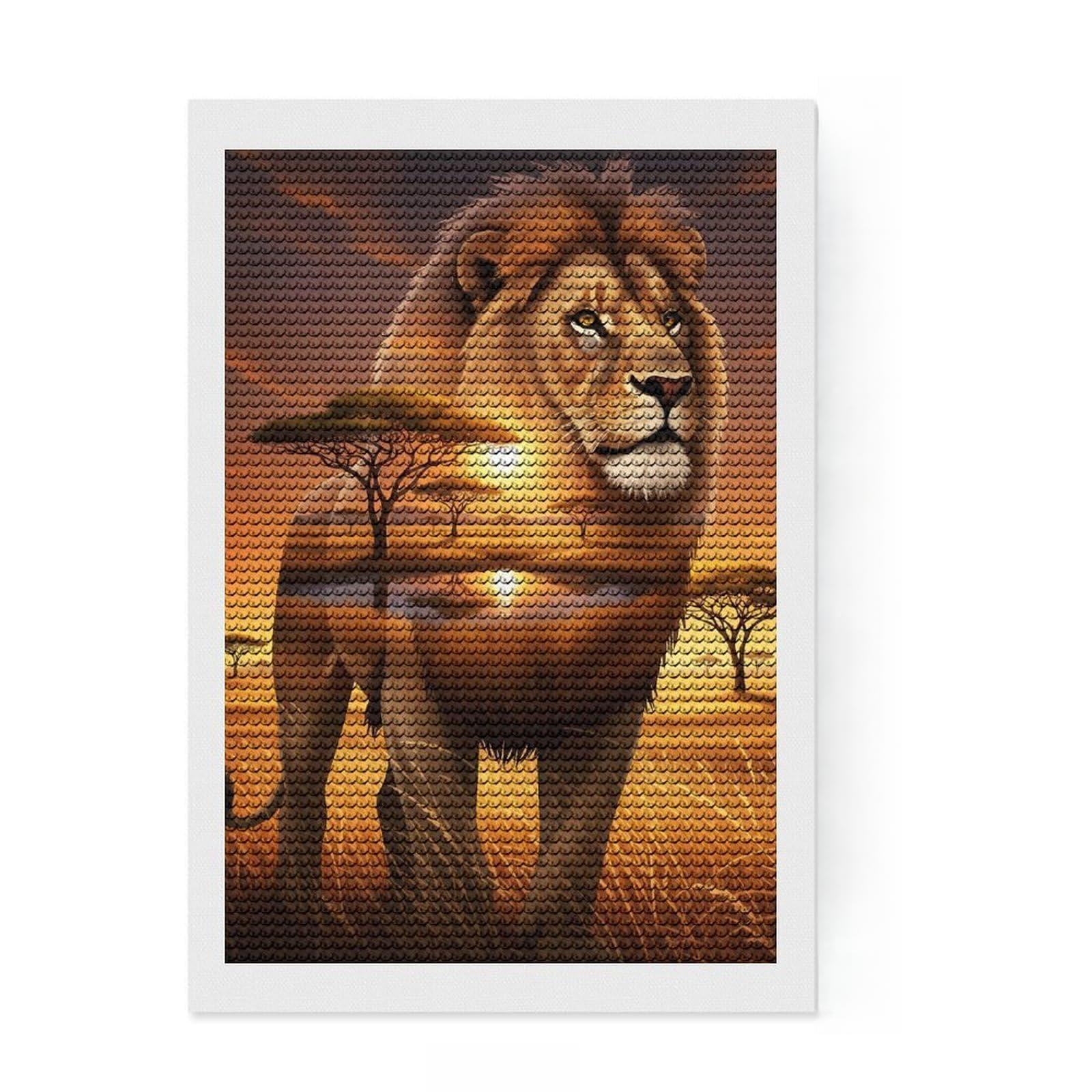 Junmoney Lion Savannah Landscape Diamond Art Kit 8"x12", for Craft Lovers, Satisfying Creative Project, Birthday Gift, Home Wall Decor