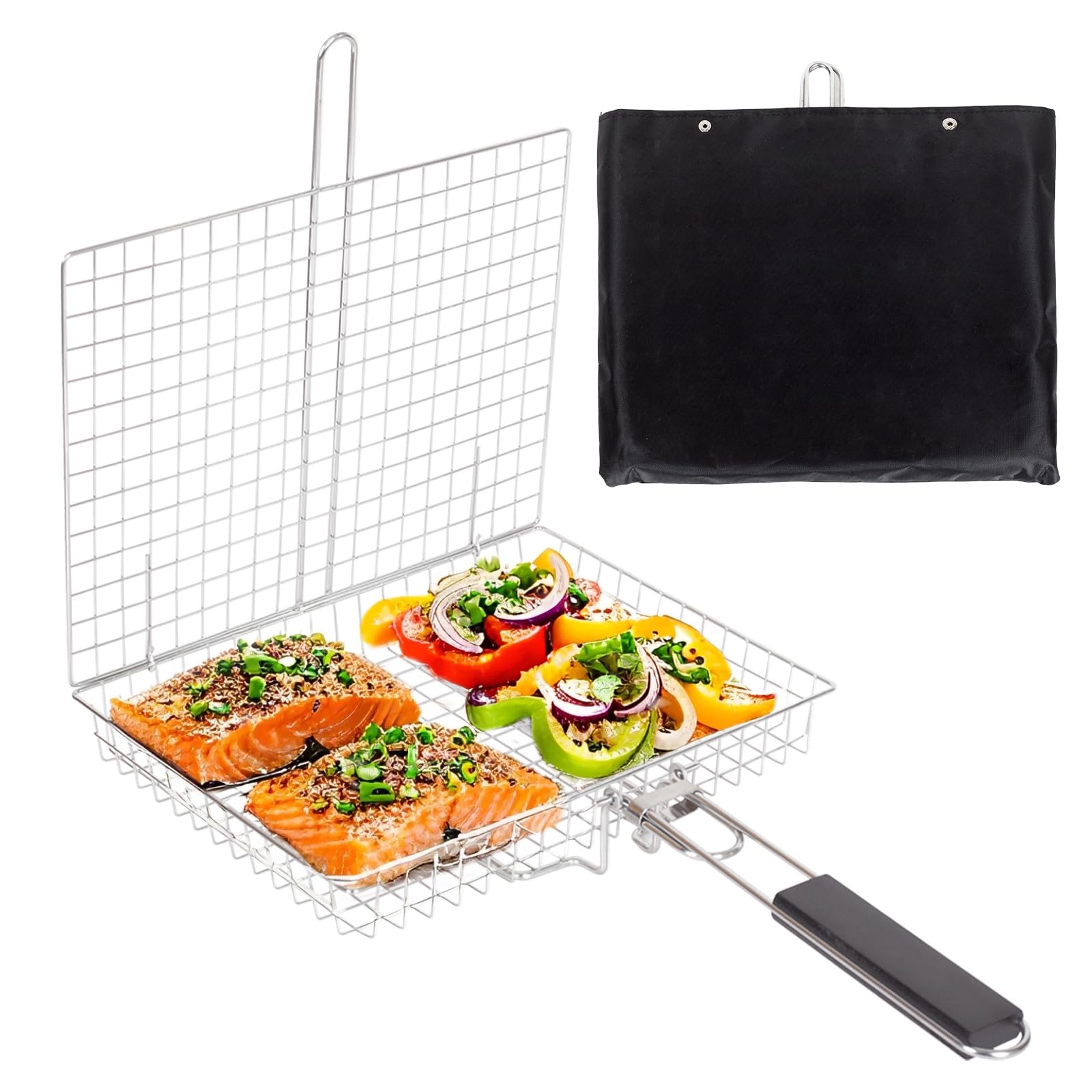 Cestino per grill, barbecue e barbecue, in acciaio inox, grande, pieghevole, con manico, portatile, da campeggio, per pesce, gamberetti, verdure, accessori da cucina