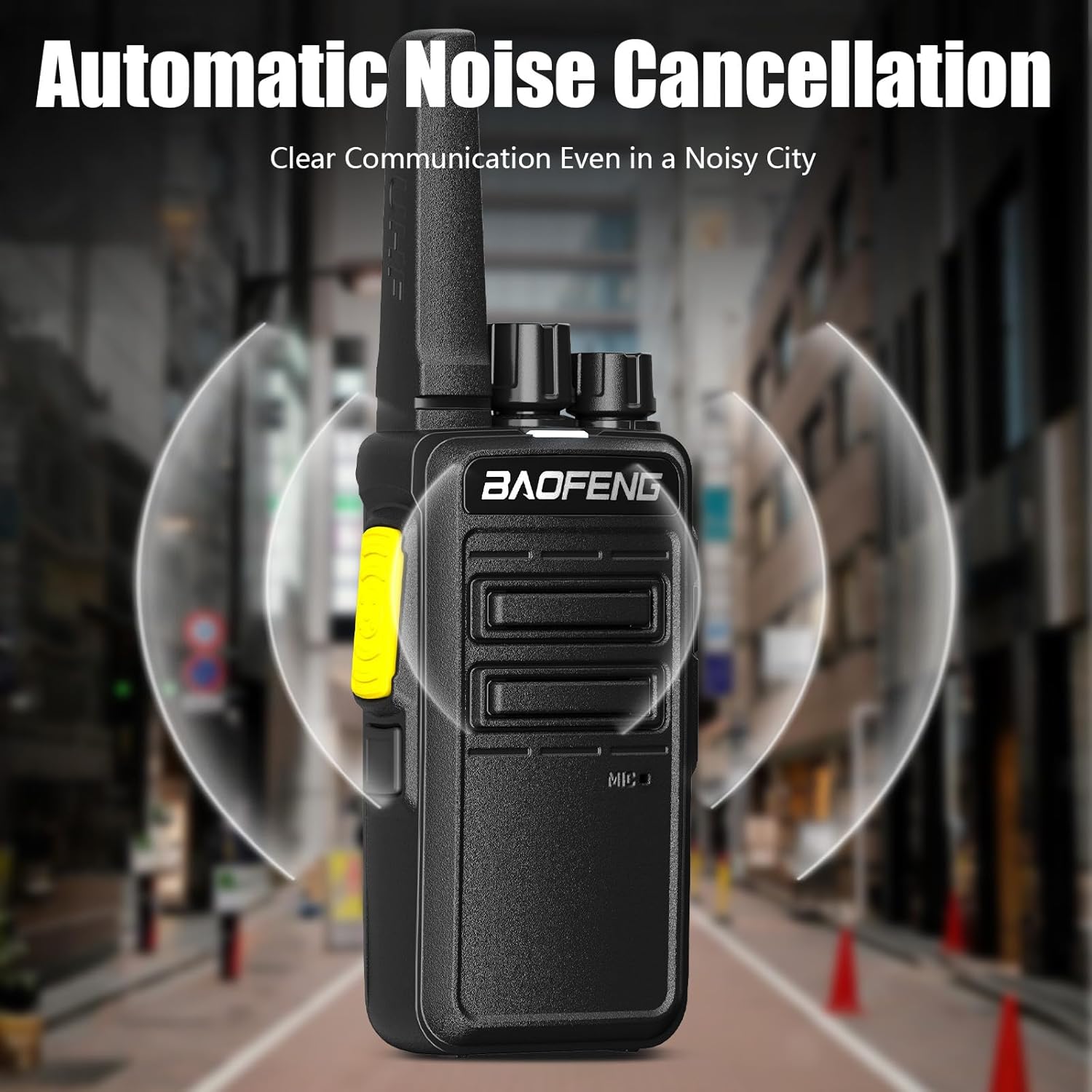 BAOFENG BD-V21A radio with sound waves indicating automatic noise cancellation for clear communication in noisy environments.