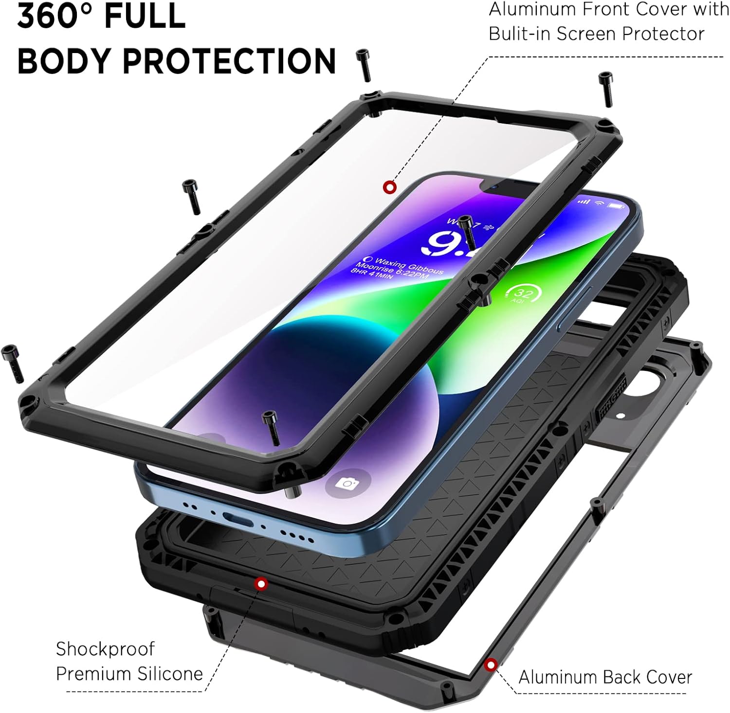Beasyjoy for iPhone 14 Case Waterproof, Metal Heavy Duty Full Body Protective Case with Built-in Screen Protector, Military Grade Shockproof Dustproof Defender Rugged Cover 6.1 Inch, Black