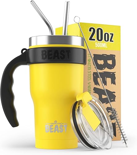 BEAST - Juego de vaso de limón de 20 onzas con asa, taza de café de acero inoxidable + 2 cepillos para pajillas, caja de regalo y mango negro