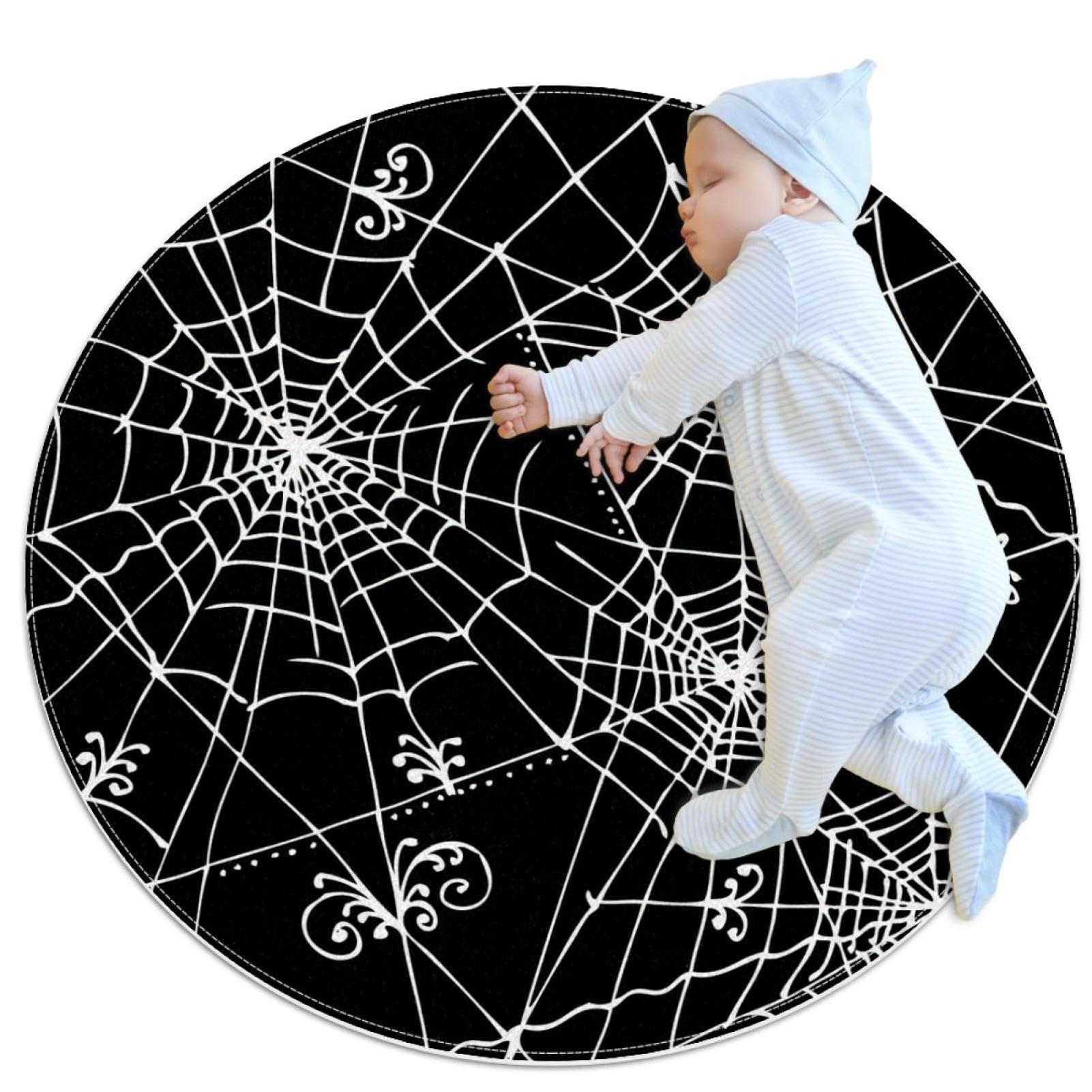Tapis motif toile d'araignée noir et blanc rond 100 cm canapé