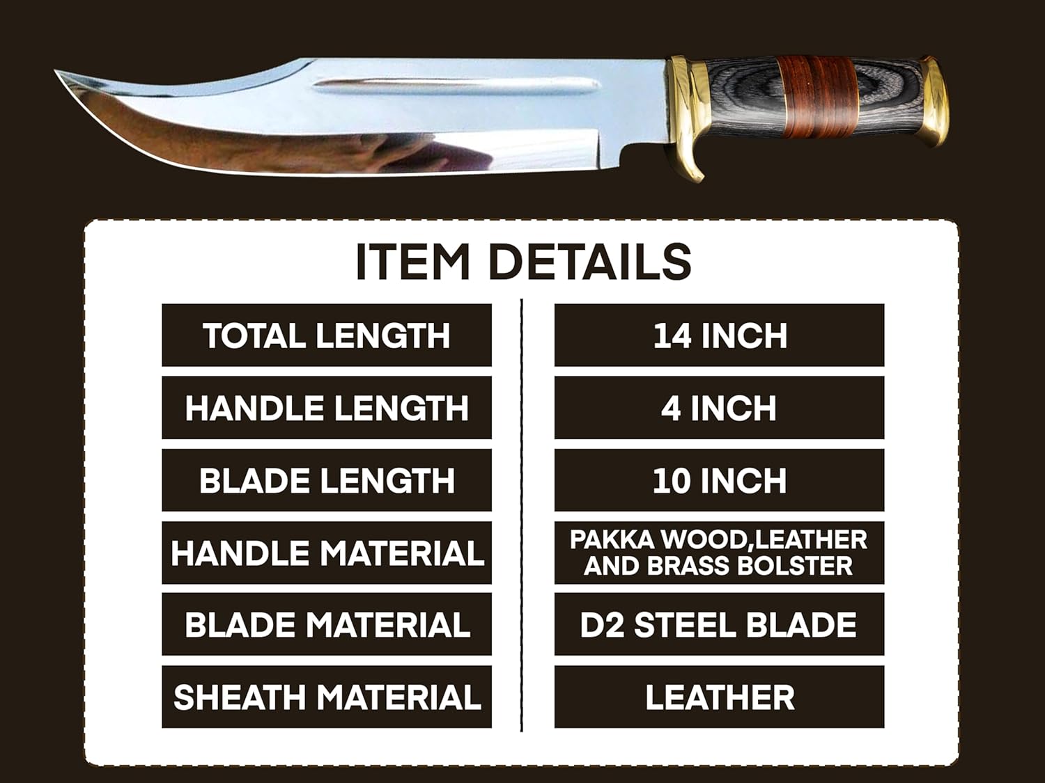 14 Inch Crocodile Dundee Bowie knife with Leather Sheath Fixed Blade Hunting Knife with Sheath-Tactical Survival Knife for Outdoor Camping, EDC, Knife for Men