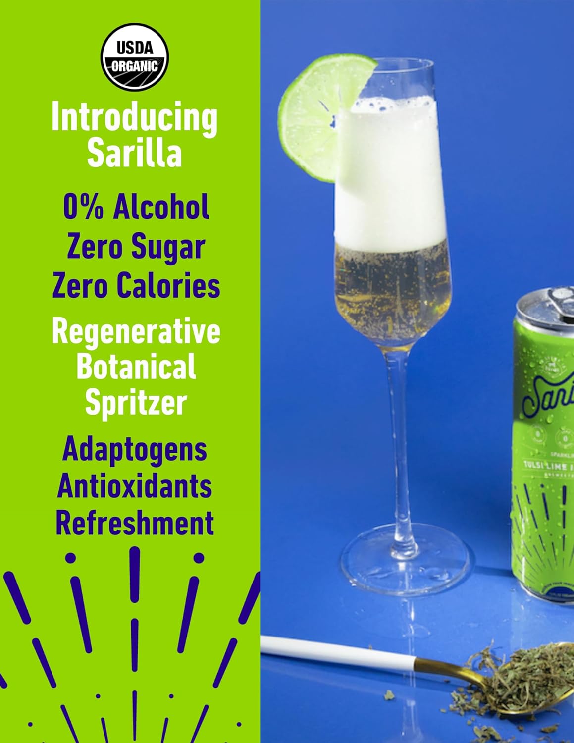 Sarilla Nonalcoholic Herbal Spritzer Chamomile Lime with Adaptogens, Unsweetened, 12-Pack