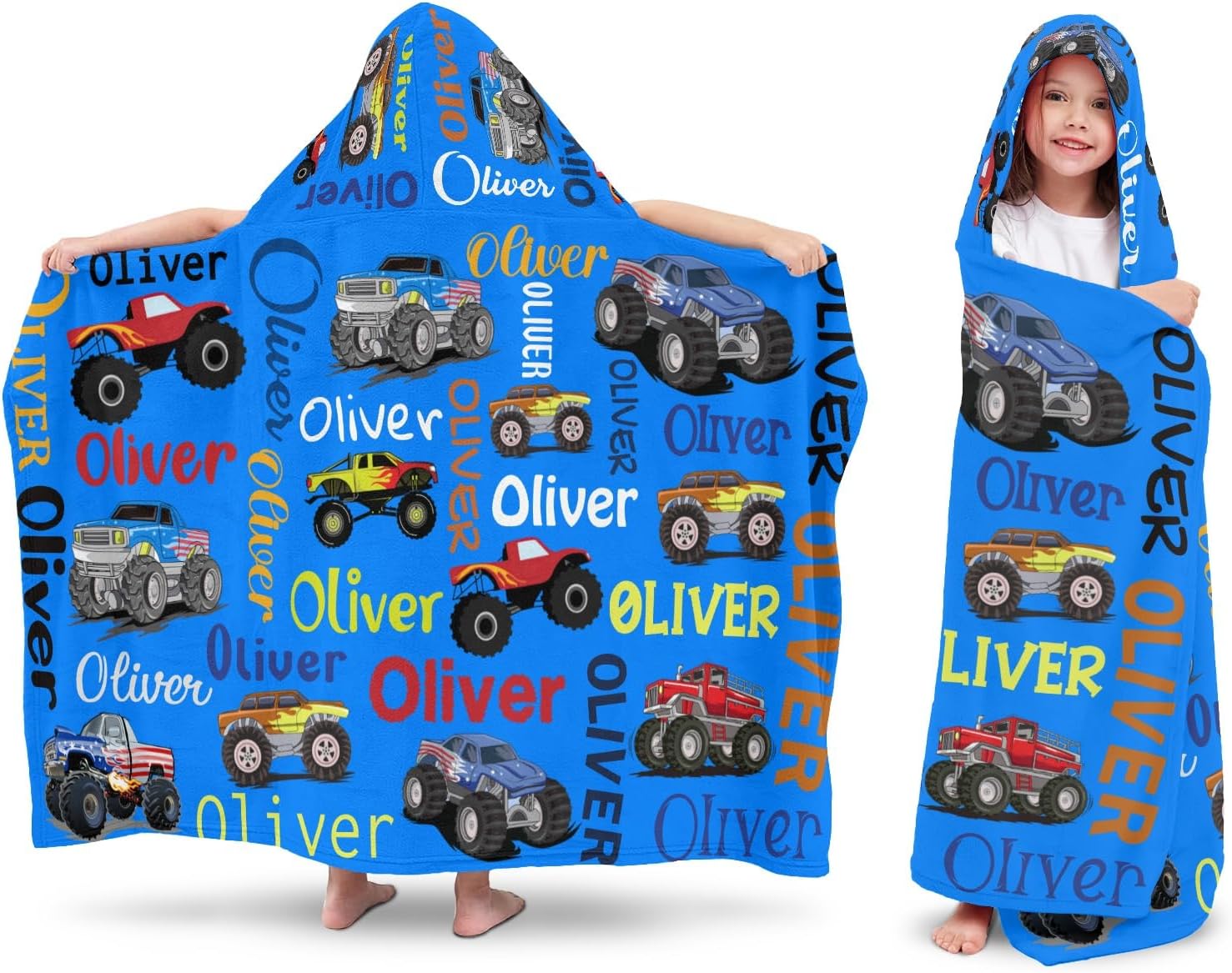 Personalized Cartoon Car Letter Blue Beach Towel with Hood for 3-12 Years Boys Girls Hooded Towels Bath Robe for Kids