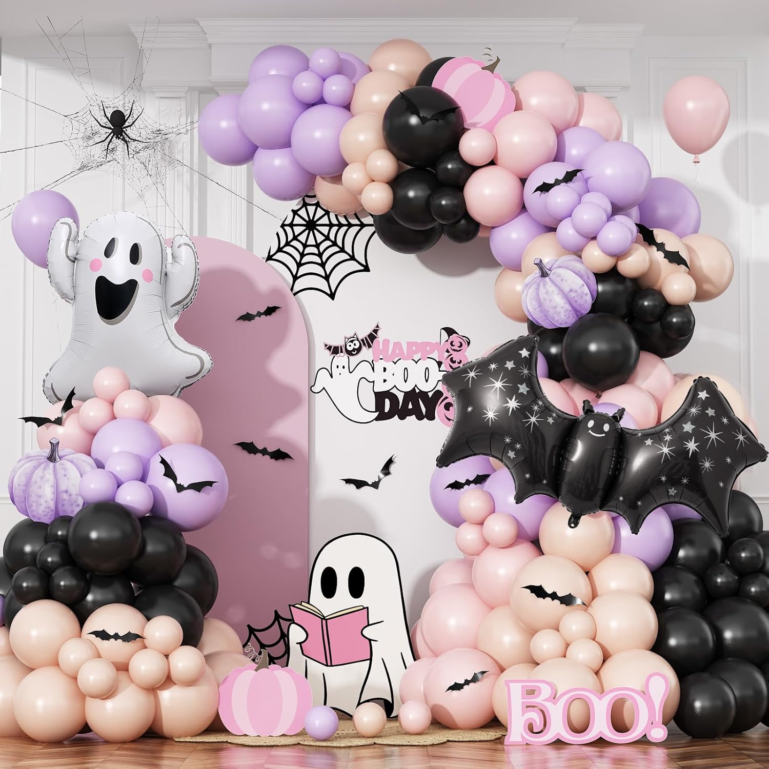 Pink Purple Halloween Balloon Arch Garland Kit, 125pcs Pastel Witch Halloween Balloon with Bat & Cute Ghost Foil Balloons for Girls Baby Shower halloween Boo Spooky Season Indoor Party Decorations