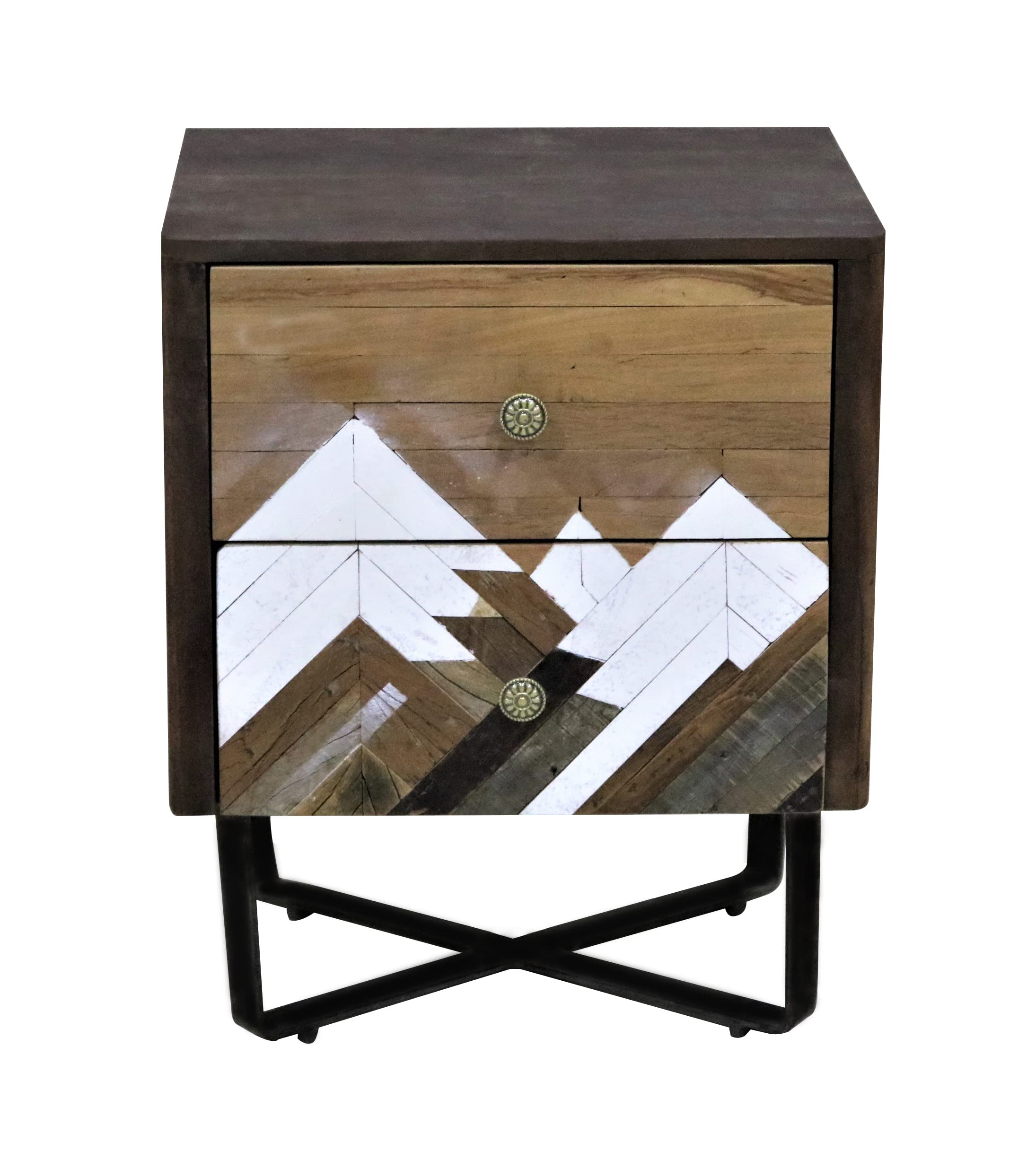Wood_Adora Recycled Wood Bed Sider with Attractive Mountain Design. Two Drawers Provide Good Storage Space. (Old Wood & Iron, Natural with White & Brown) (48X38X61 Cms)