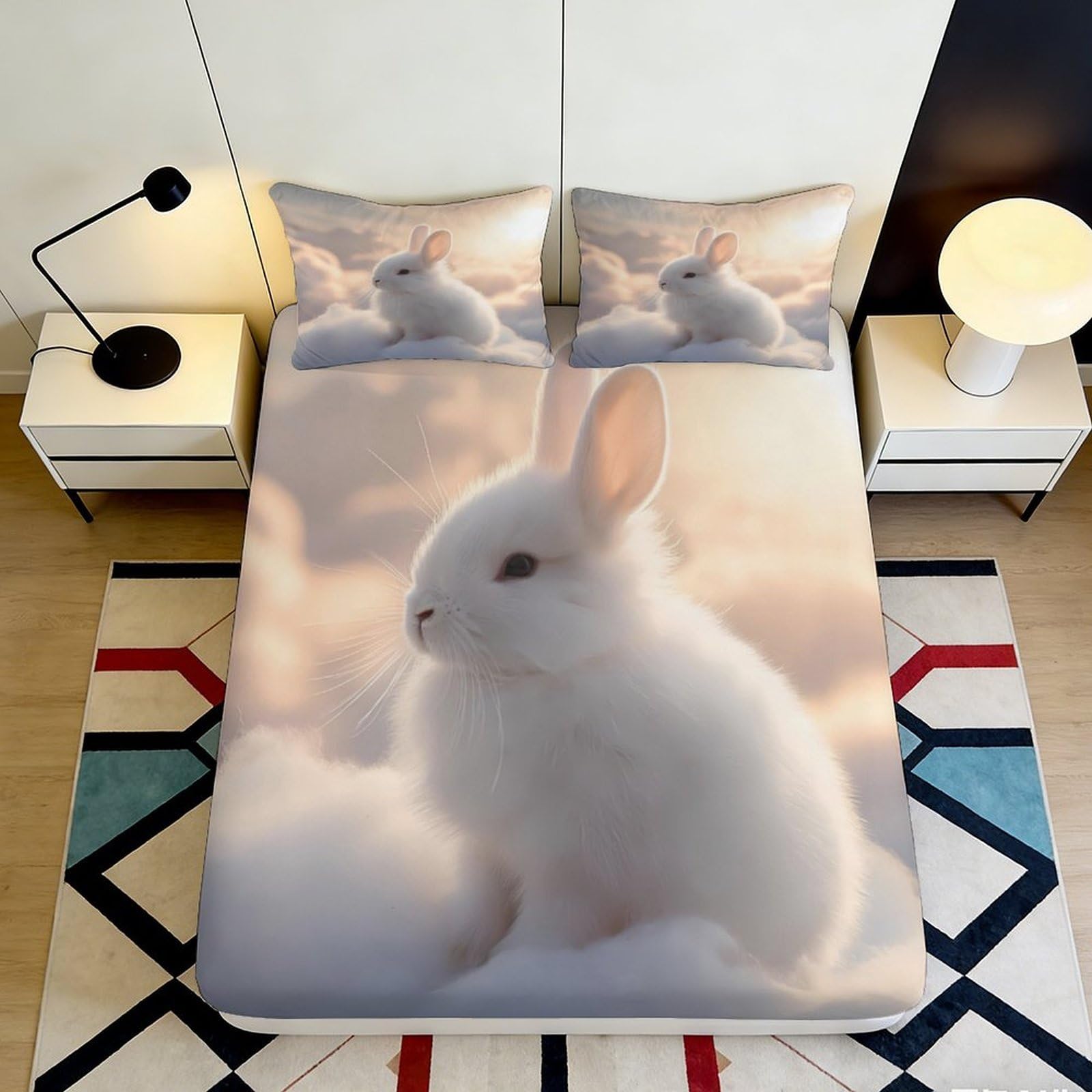 3D Printed White Bunny Fitted Sheet Microfiber Soft Decorative Cute Rabbit Mattress Cover for Bedroom Dorm Guest Room Easy Care 90x200x25cm