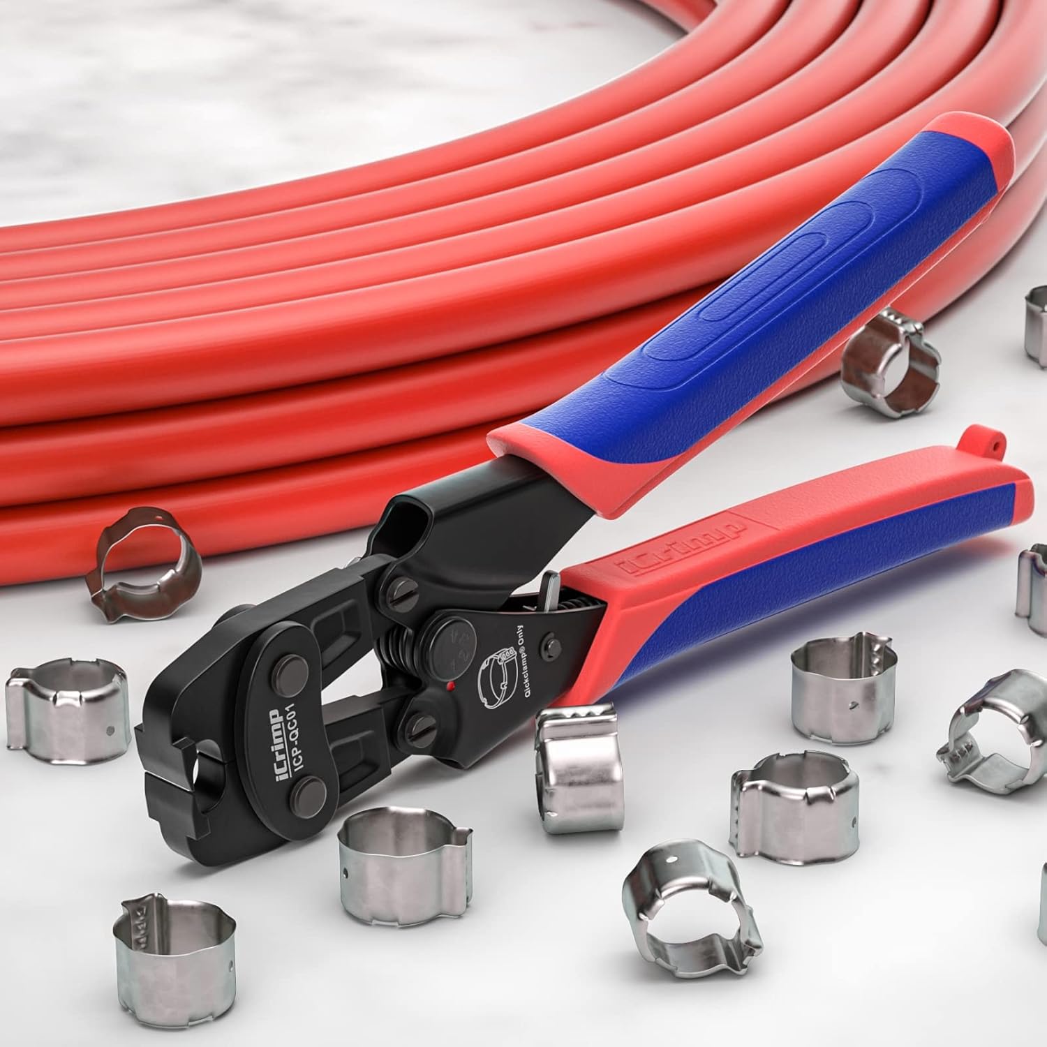 iCrimp ICP-QC01 tool shown with PEX pipe and various Qickclamp rings