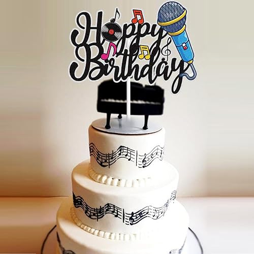 Miniatura 4 de Micrófono para tarta de cumpleaños, nota musical, karaoke, decoración de pastel de cumpleaños, decoración negra con purpurina musical, suministros