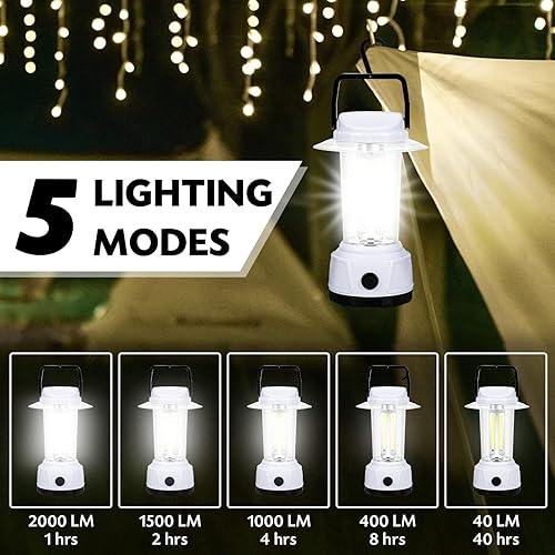 Miniatura 5 de DOZAWA Linterna LED de camping, 2000 lúmenes, luces de campamento alimentadas por pilas, luz de emergencia súper brillante con gancho, 5 modos de