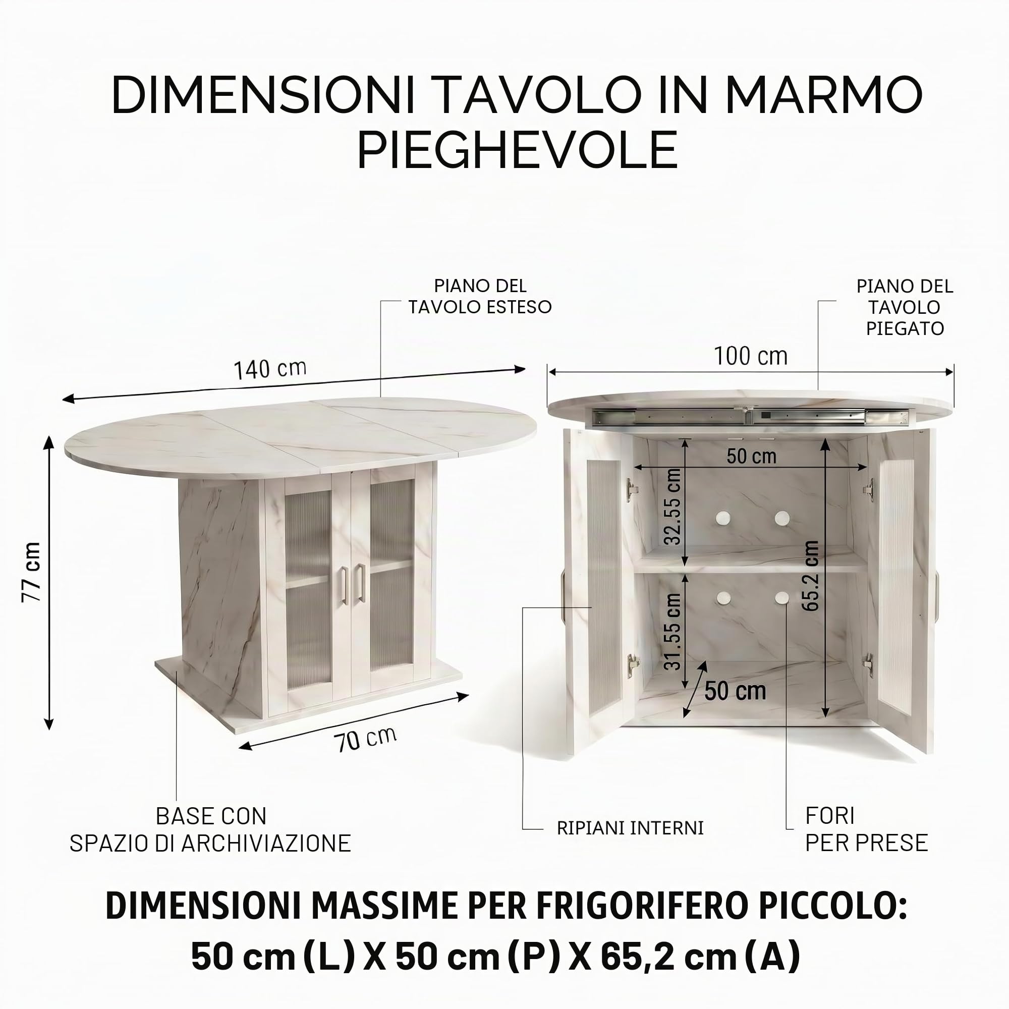 Tavolo da pranzo allungabile con spazio di archiviazione, 100 a 140 cm, tavolo da cucina allungabile, ovale, rotondo con spazio di archiviazione, per un piccolo frigorifero, tavolo da pranzo per