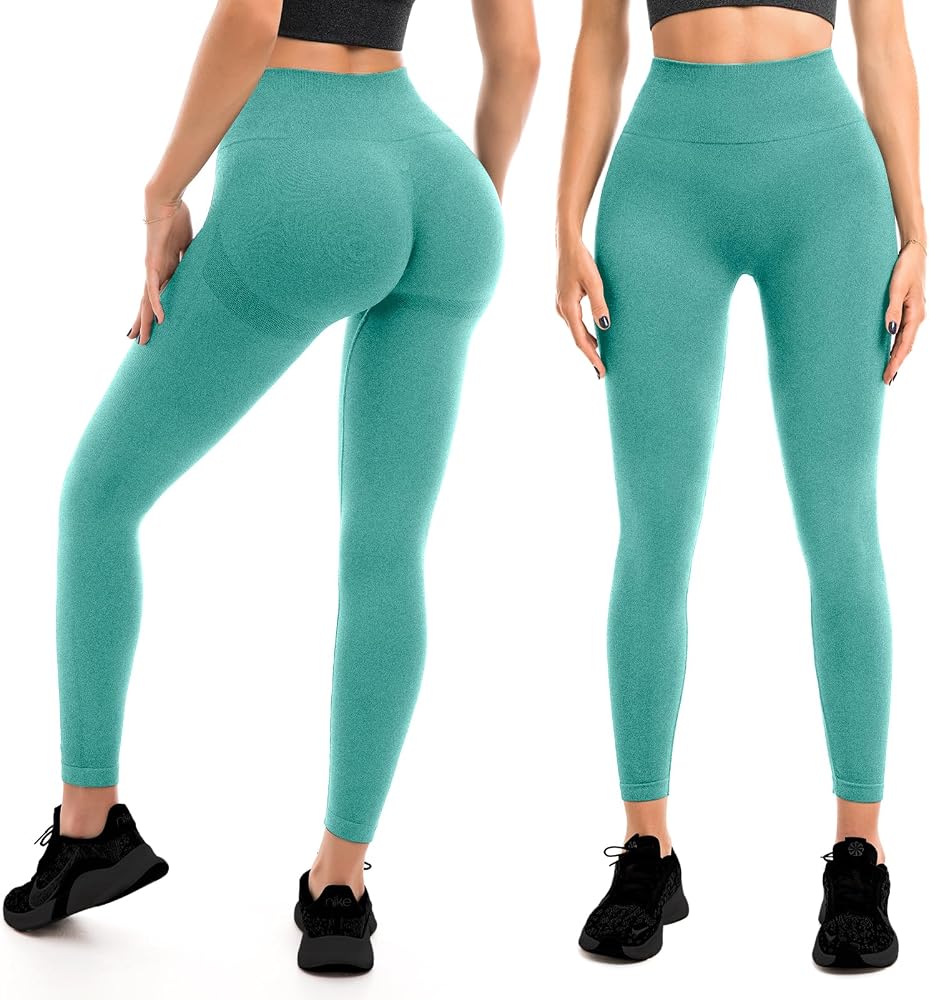 Leggings da donna a vita alta, senza cuciture, per yoga, sport, palestra, Celeste., S