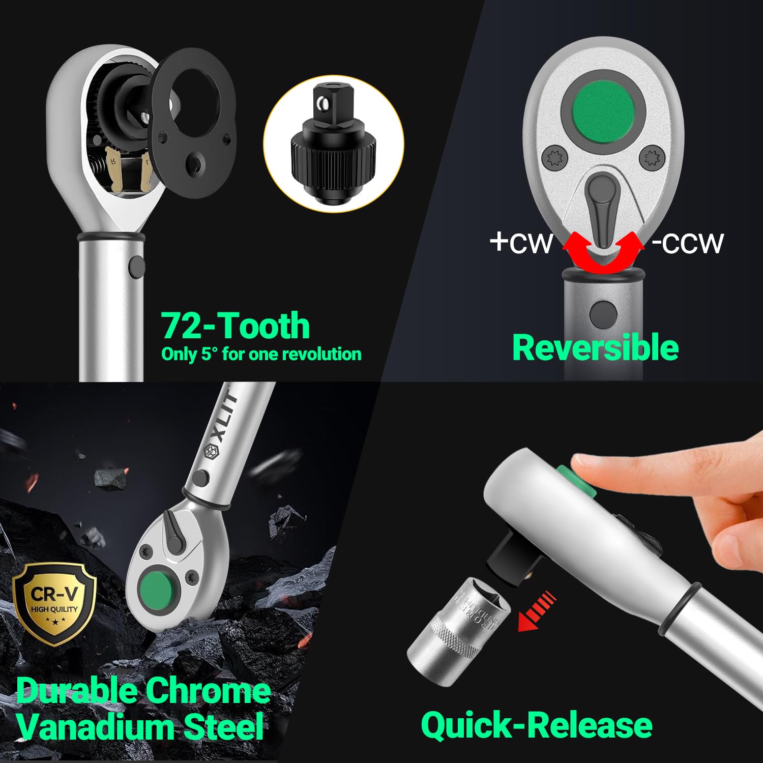 Clé dynamométrique 1/2", 20-220 N.m, 72 dents, précision ±3 %, fermeture rapide, réversible, 44,2 cm