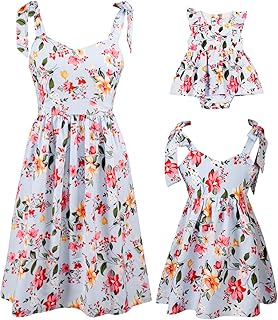 Mommy and Me Floral Printed Dresses Shoulder Straps Bowknot Chiffon Sleeveless Beach Mini Sundress