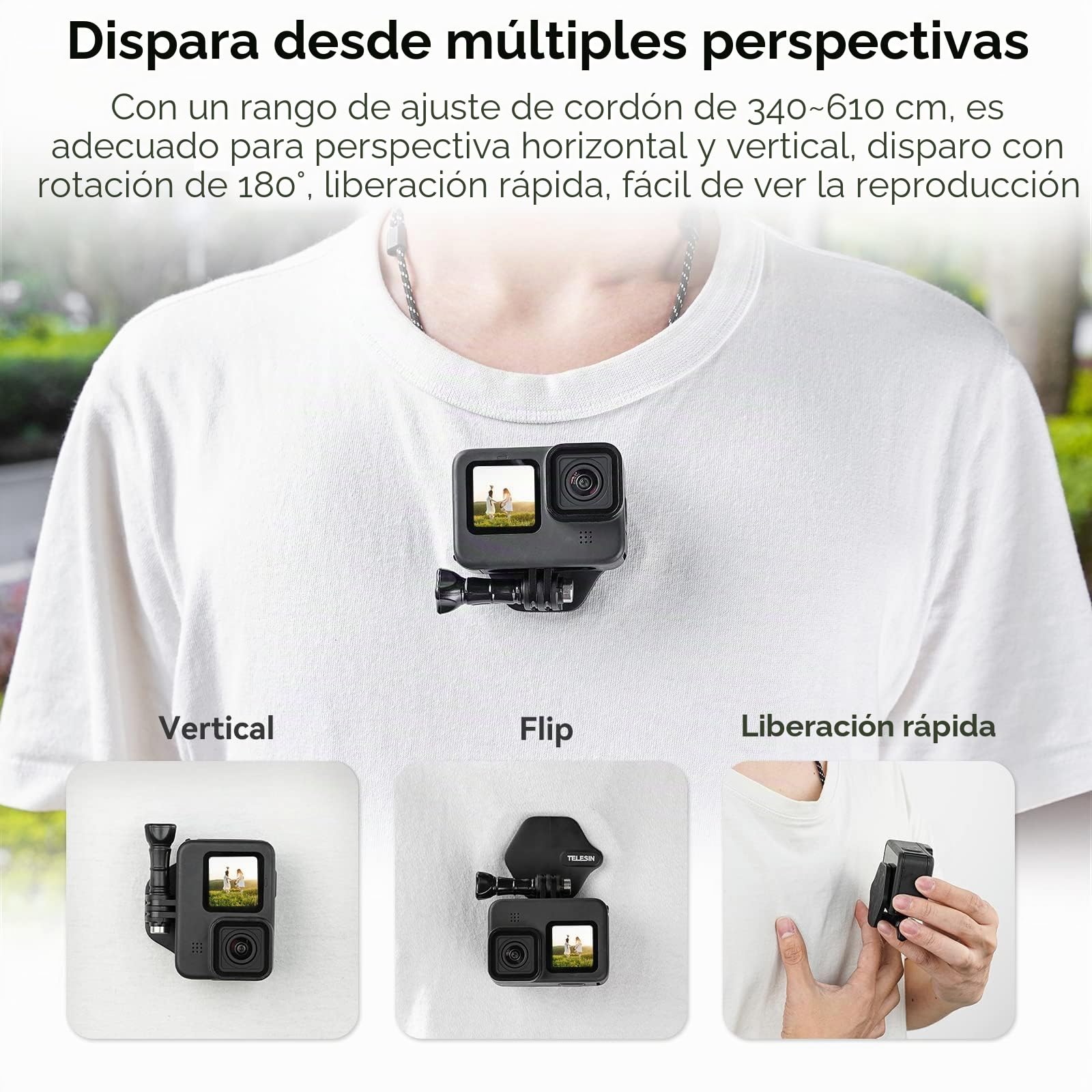 TELESIN Soporte Magnético Snap Cuello y Pecho para GoPro Hero 13/12/11/10/9, Insta360, dji Osmo Action, con Base de Liberación Rápida, Montura de Nanoviscosa, Kit de Adaptador de Palo Selfie