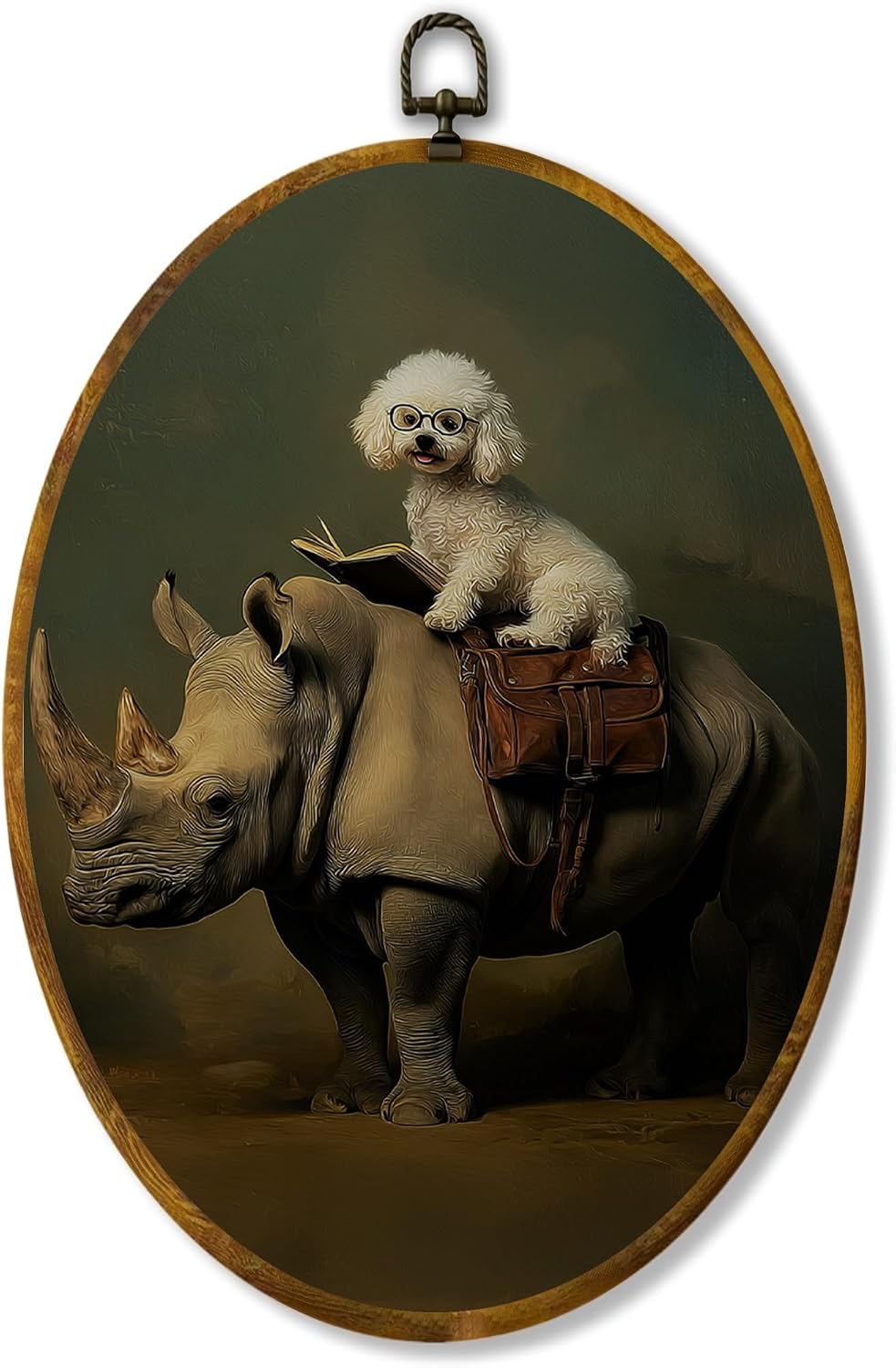Bichon Frise Rhino Oval Wall Art, Dark Academia Safari Decor, 8.5x11.5
