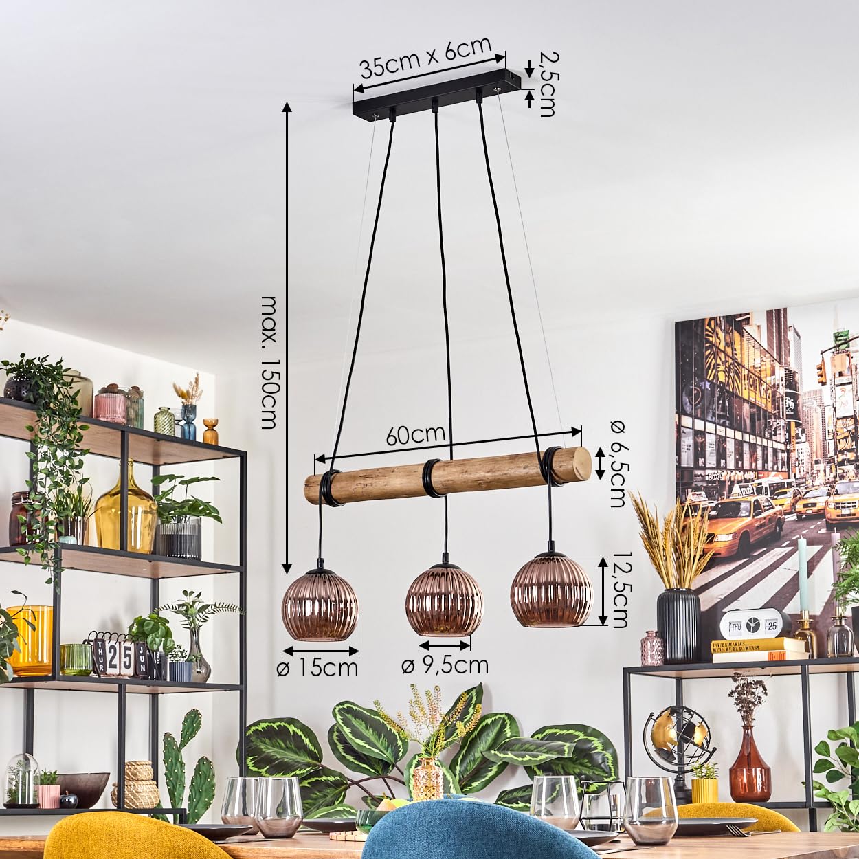 HOFSTEIN Pendelleuchte Koyoto, 3-flammige Hängelampe aus Metall/Holz/Riffelglas in Schwarz/Natur/Kupfer, Hängeleuchte Boho mit Glasschirmen, Holzbalken, max. 150 cm, E27, Esszimmer, Wohnzimmer, Küche