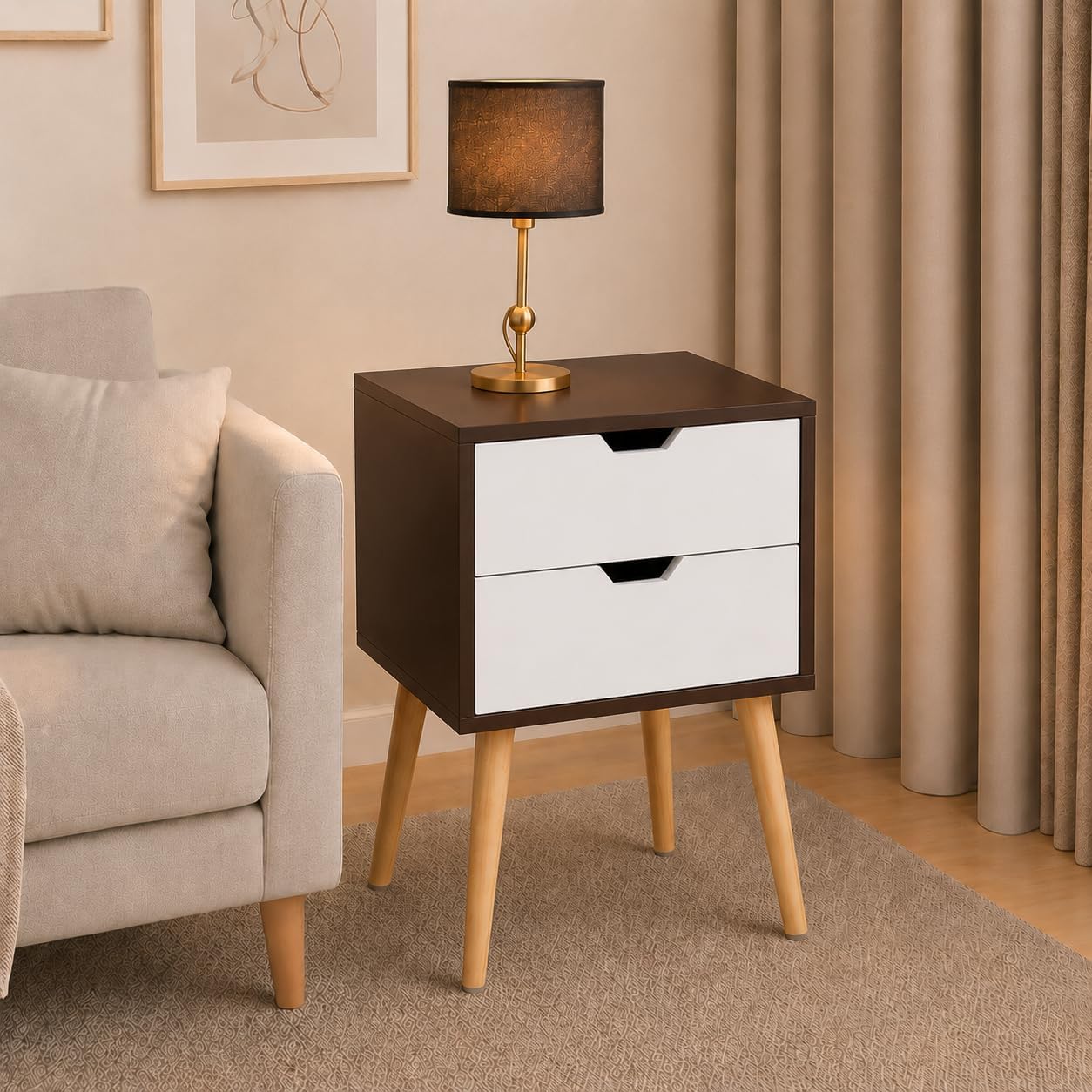 2-Drawer End Side Table With Drawer And Solid Wood Legs, Bedside Table For Mid-Century Modern Drawer Storage Cabinet For Bedroom & Furniture (Brownn & White)-image-42