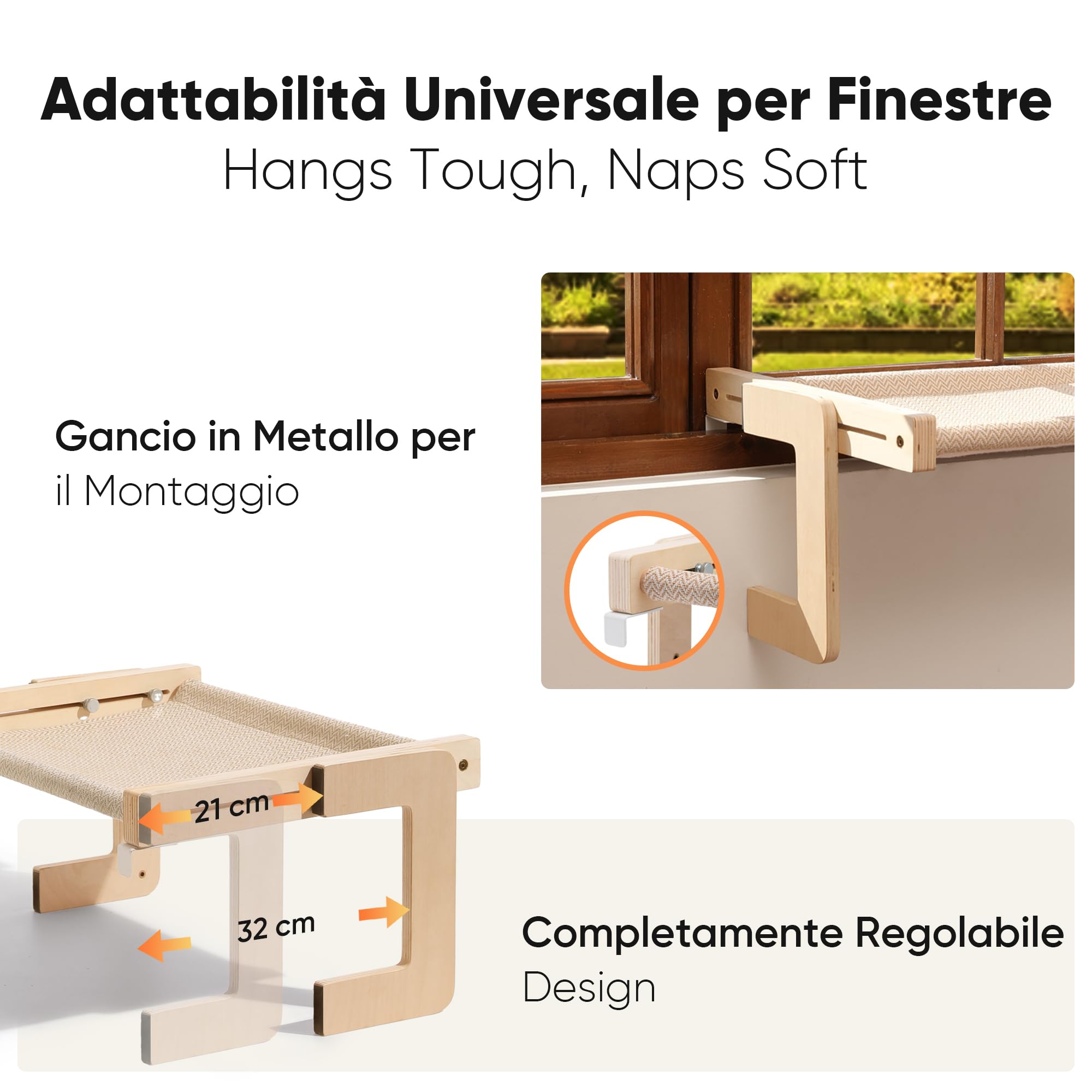 FUKUMARU Amaca per Gatti, Ripiano per Davanzale e Pavimento, Letto da Finestra per Gatti Grandi e Cuccioli, Struttura Rinforzata in Legno e Metallo, Amaca Trasformabile, Facile da Montare