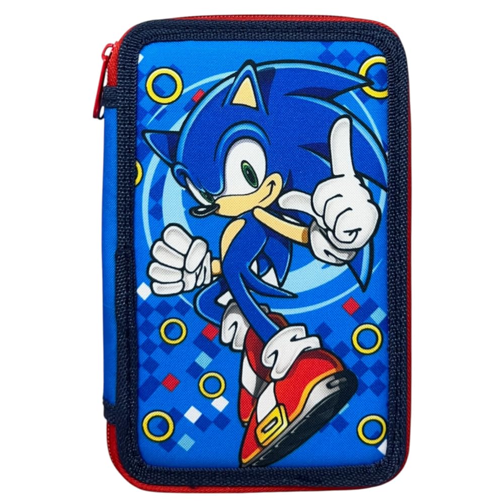 CARTOON Astuccio 3 zip Sonic completo 44 pezzi cancelleria multiscomparto penne matite colori pennarelli giotto per la scuola