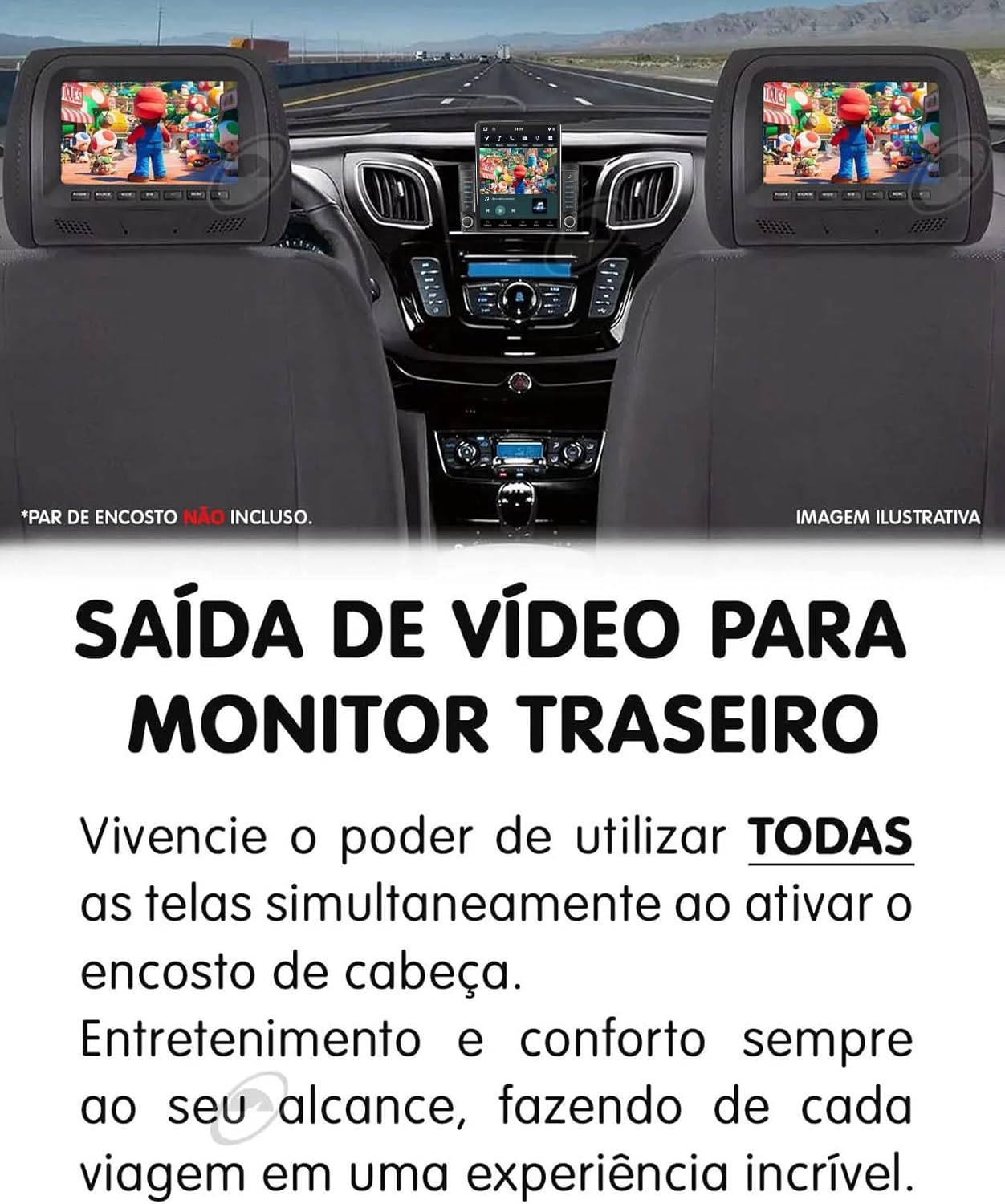 H-TECH HT-9700CA multimedia system displaying content on both the main unit and two rear headrest monitors.