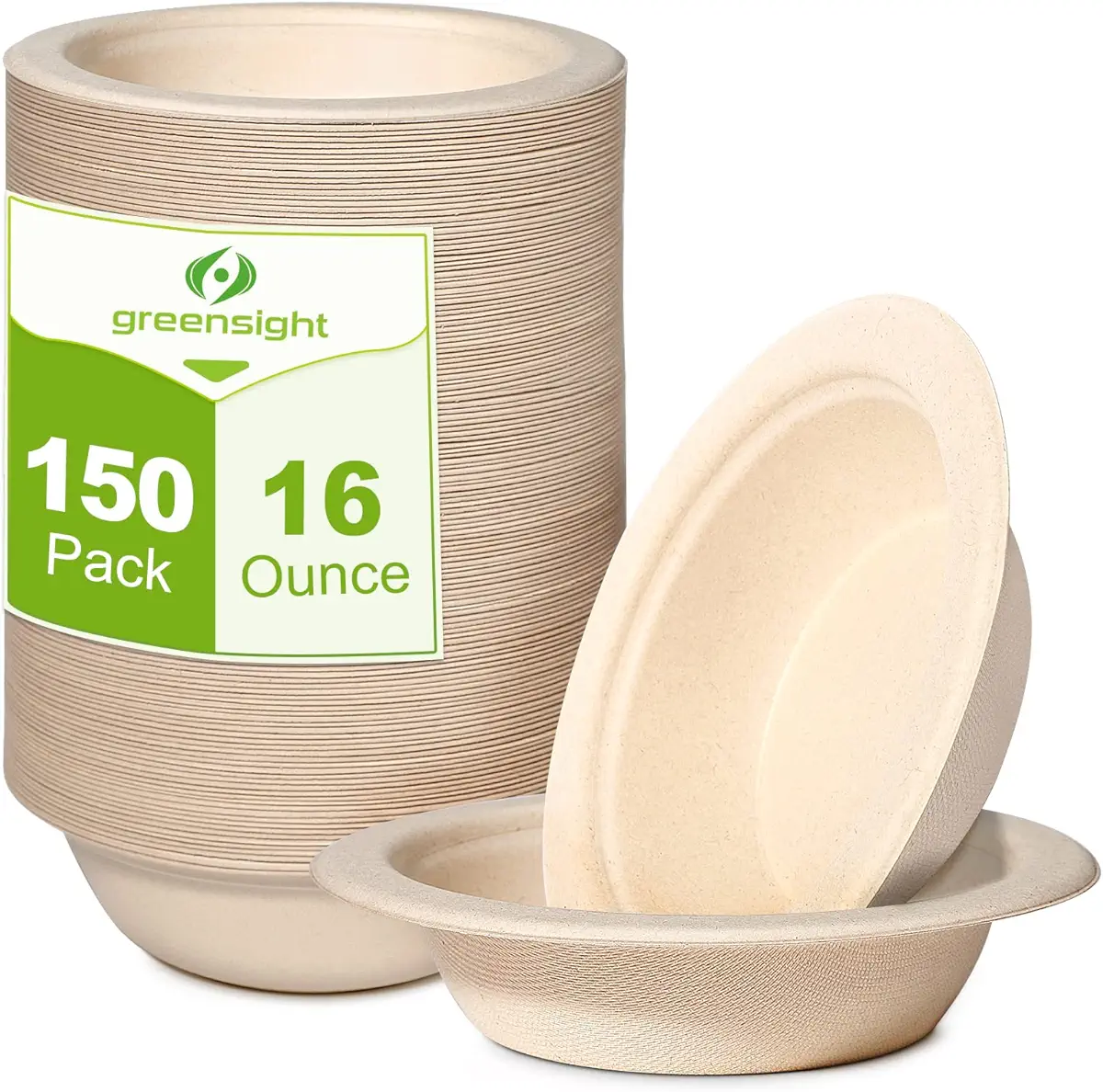 greensight 16oz Compostable Disposable Paper Bowls, 150 Pack Party Serving Bowls For Salad, Ice Cream, Dessert And Hot Soup, Biodegradable Bowls Made Of Natural Sugarcane Fiber