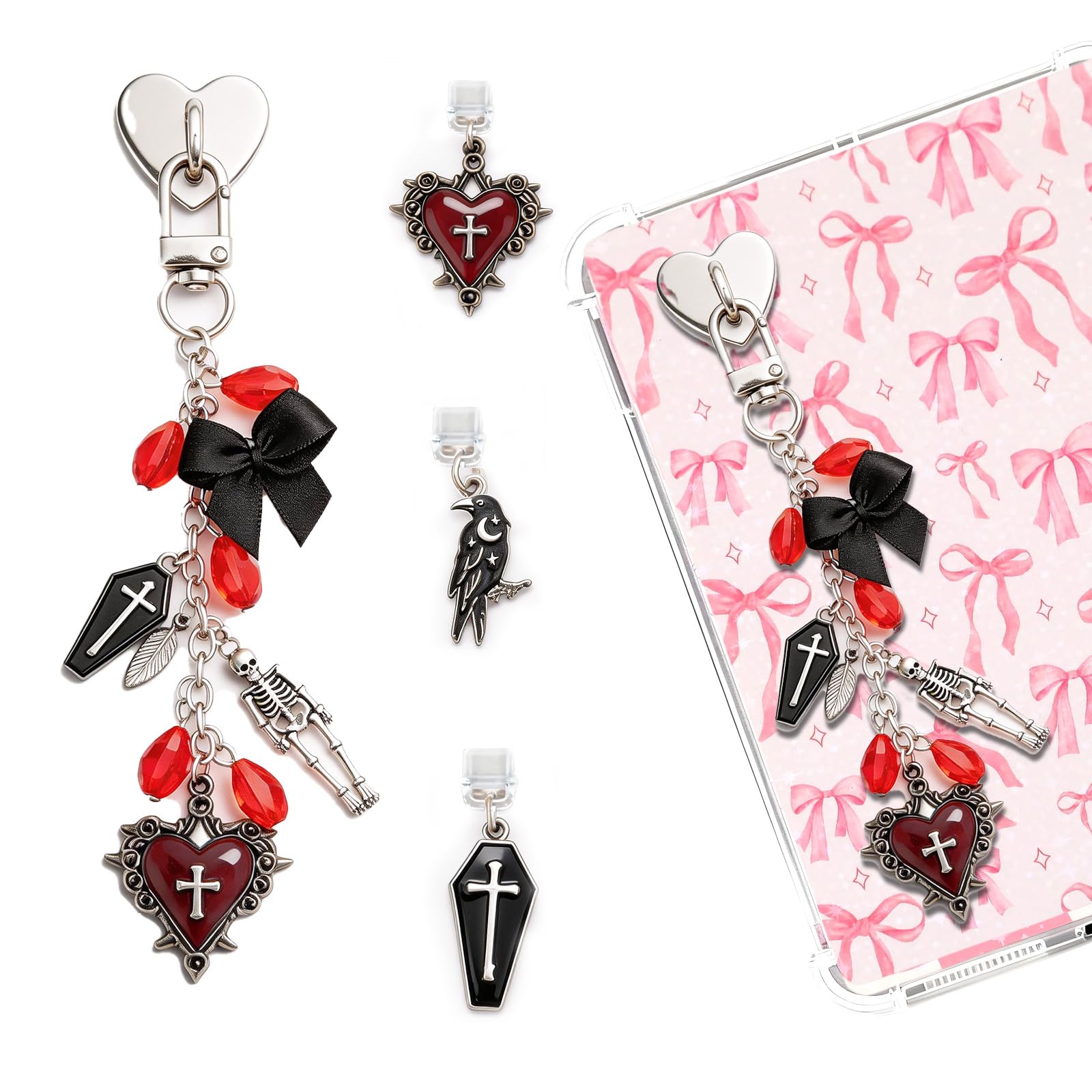TAKEALOOKO 4PCS Gothic Skeleton Charms for Kindle - Sliver Red Cross Heart Chains with Type C Dust Plug, Stylish Charm for Readers Book Lovers, Compatible for E-Reader Phones Paper White - 1
