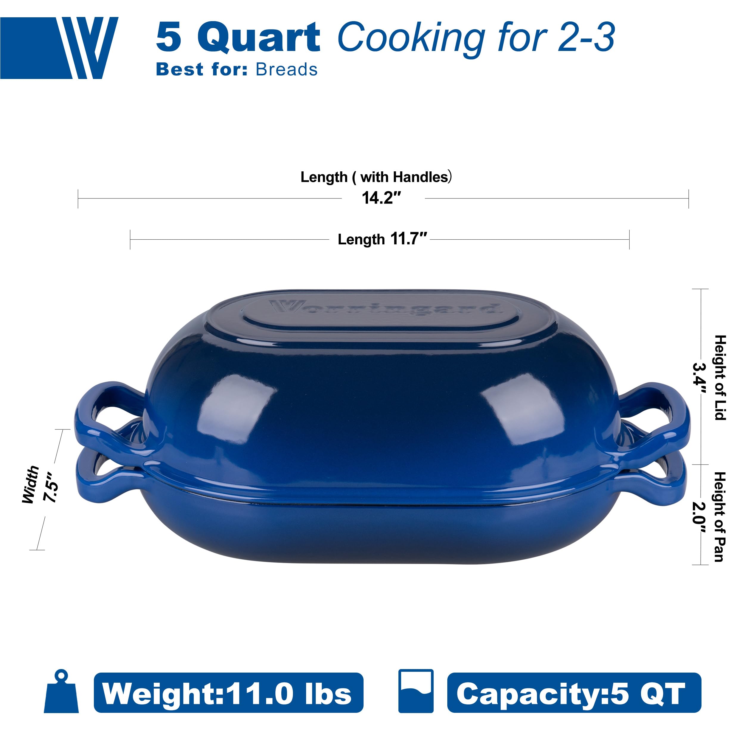 VORRINGARD Enameled Cast Iron Sourdough Bread Oven, Dutch Oven, Loaf Cast Iron Bread Pan for Homemade Bread Baking, Meatloaf Pan with Lid, 5QT, Blue