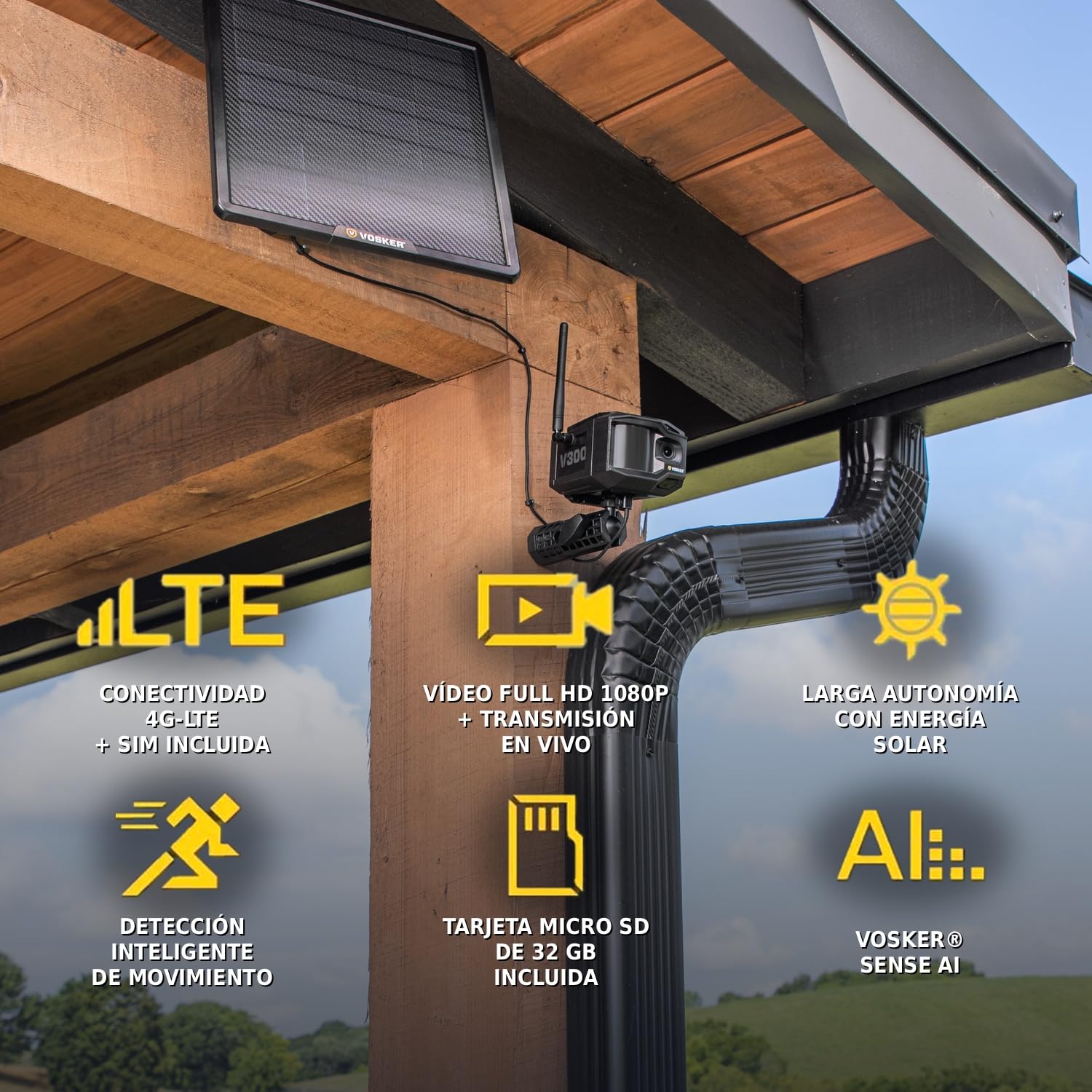 Vosker V300 Ultimate Cámara de Seguridad Exterior Autónoma 4G-LTE | Banco de Energía Solar Externo de Alta Capacidad de 15.000 mAh | Tarjeta SIM Incluida | No Necesita WiFi | Transmisión en Directo